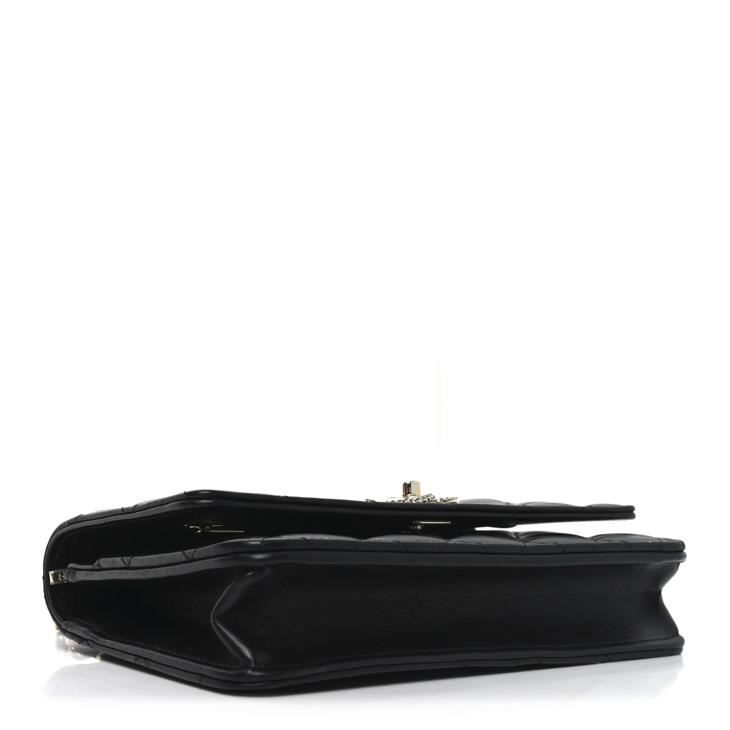 Lambskin Quilted Crystal Handle Wallet On Chain WOC Black