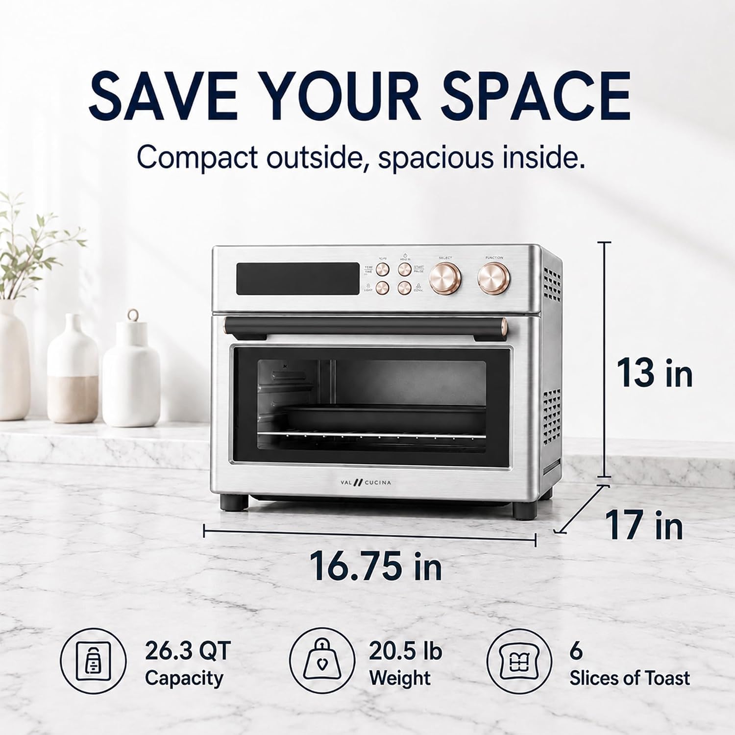 VAL CUCINA Infrared Heating 26.3 QT Air Fryer Toaster Oven, Large Countertop Convection Oven 10-in-1 Combo, 6-Slice Toast, Enamel Baking Pan Easy to Clean with Recipe Book, Brushed Stainless Steel Finish