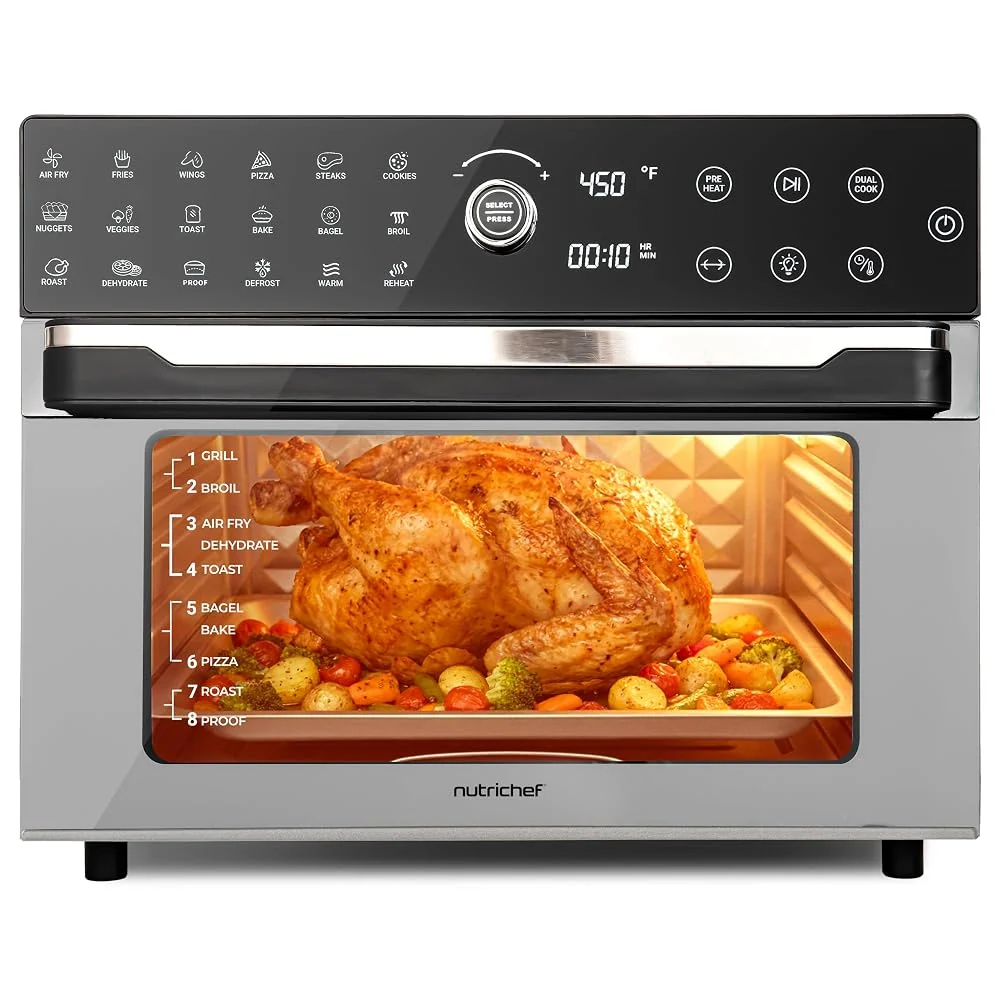 NutriChef 32 Quart Air Fryer & Oven | Digital Airfryer with 20 Presets, Dual Cook, Rotisserie, Bake & More | Multi-Function Convection Countertop Oven | Large Capacity | 18 x 17 x 14 | Stainless Steel
