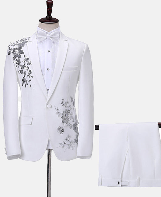 Ensemble 2 pièces élégant blazer à col à revers et pantalon à sequins floraux