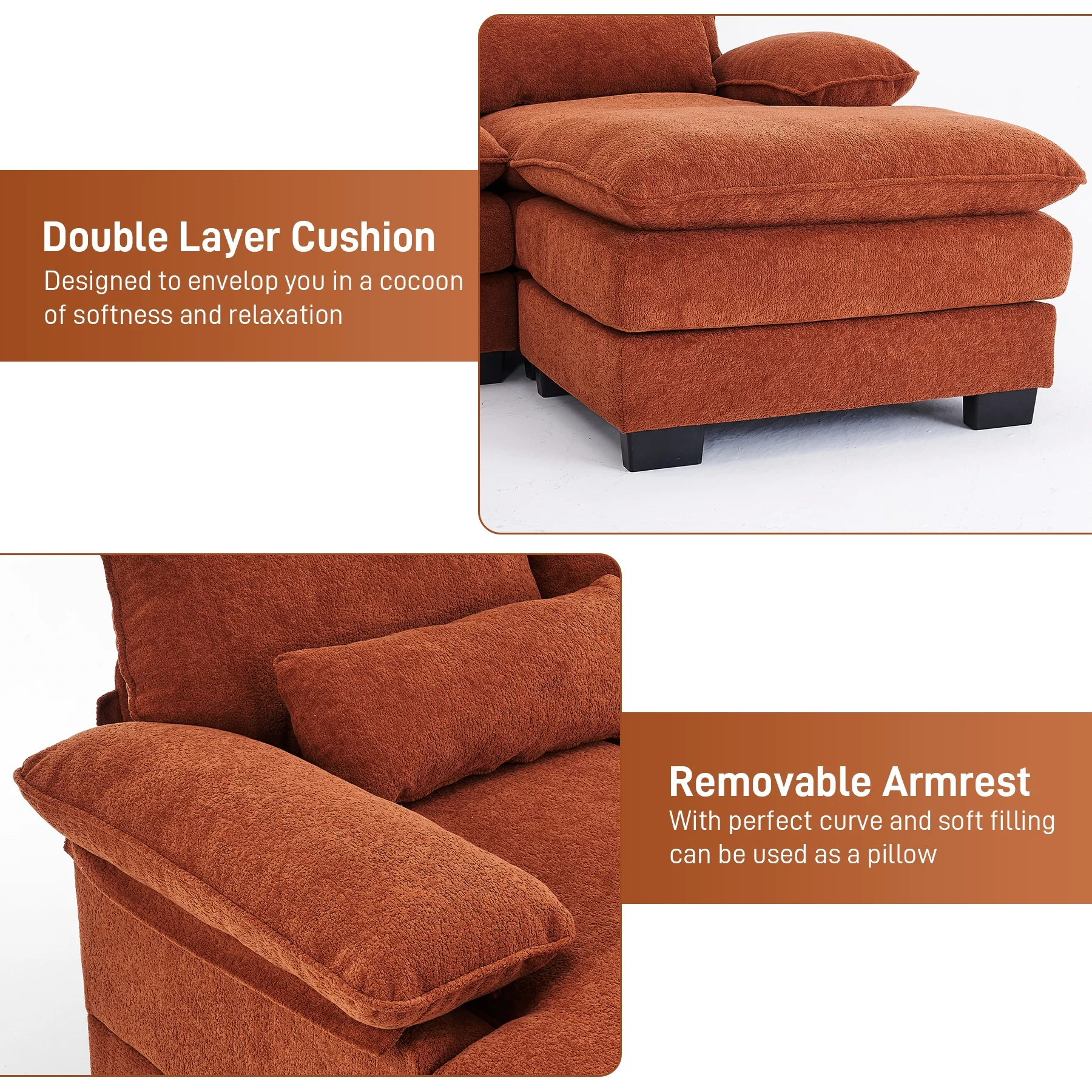 114 3" U Shaped Sectional Couches for Living Room,Cloud Couch,4 Seats Chenille Couch with Double Layer Cushion,Orange(Orange) Image 10