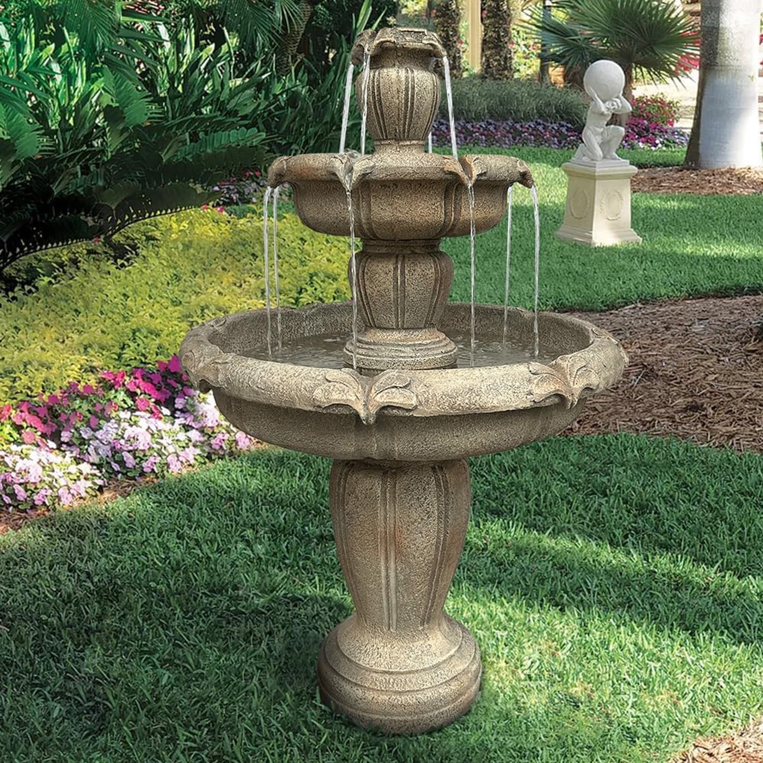 48�?H Outdoor Floor Water Fountain, 3-Tiers Concrete Water Fountain with Submersible Electric Pump Garden Cascading Waterfall for Yard Patio Lawn Home Decor(Brown 1) - Image 9