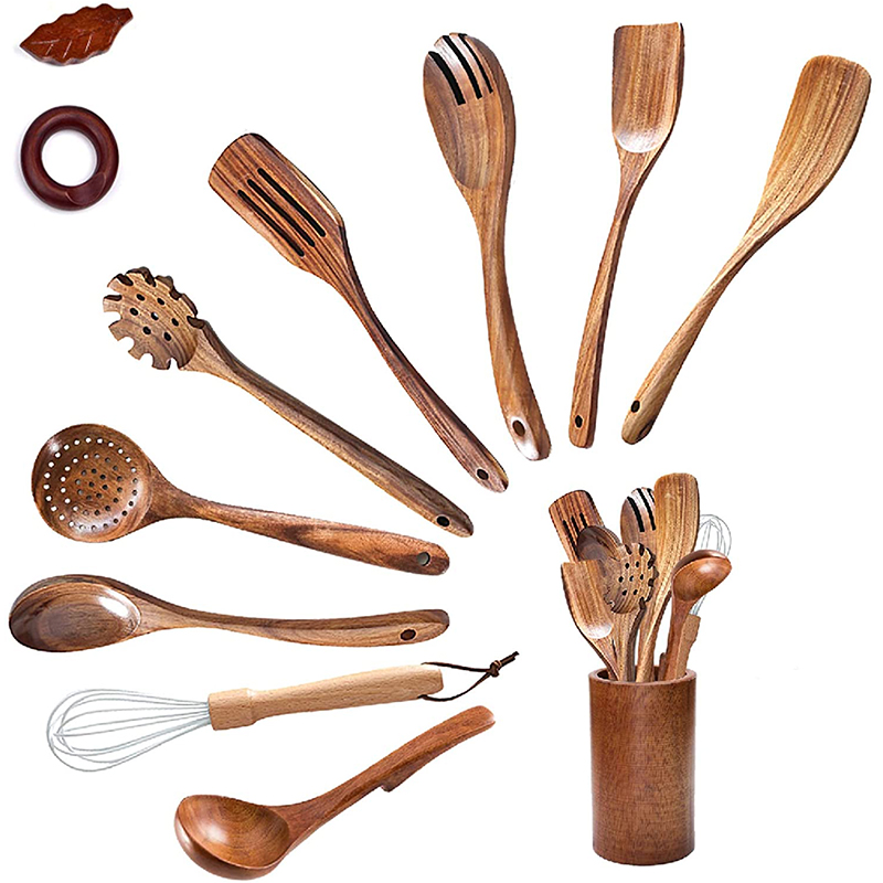 Teak Wooden Spoons for Cooking,12 Pieces Nonstick Kitchen Utensil Set with Wood Utensils Holder