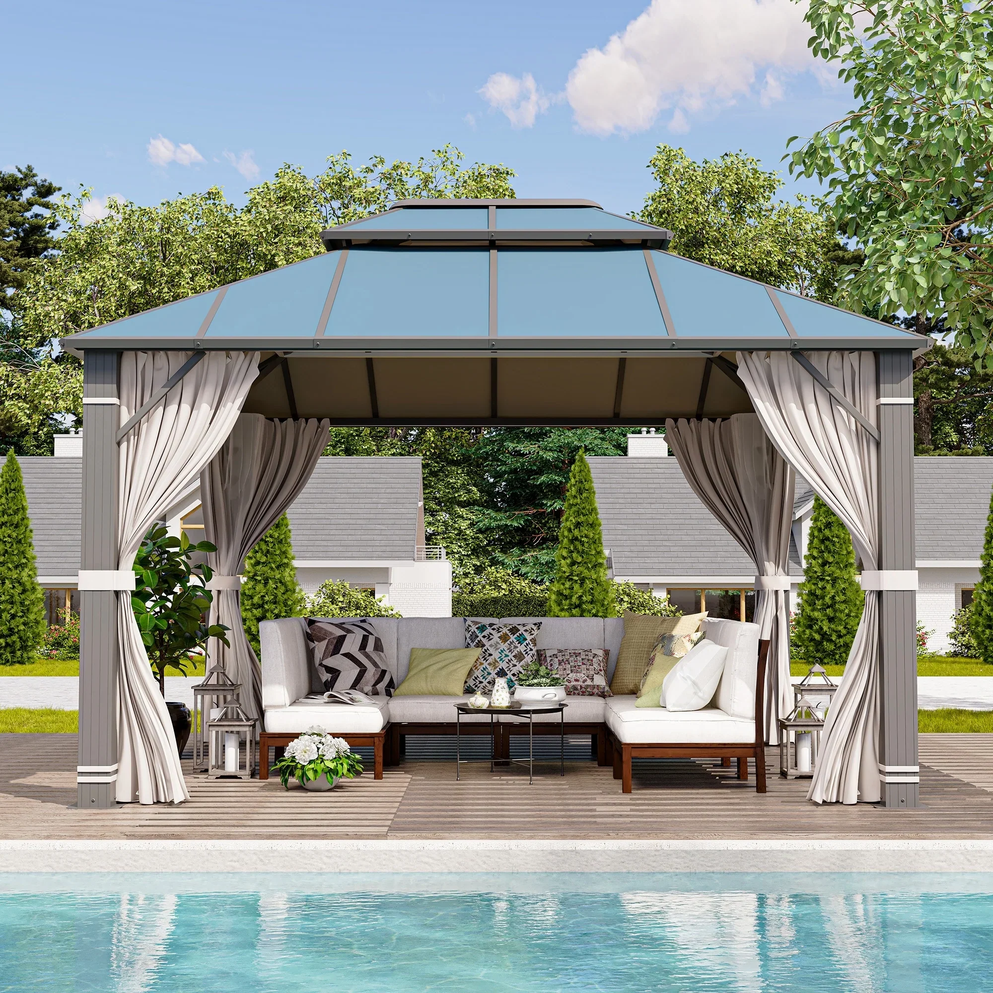 Erommy  Hardtop Gazebo, Waterproof Aluminum Pavilion with Netting & Curtains for Patio, Garden Dusty Blue 10'x12'
