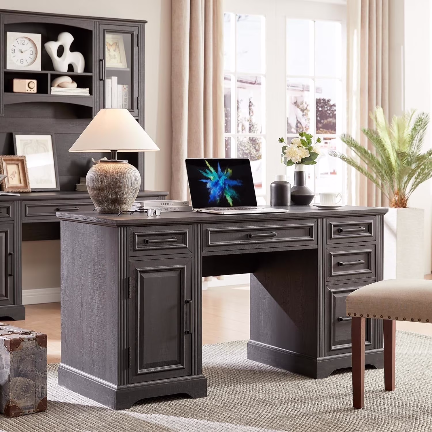 Farmhouse Wood 58" Executive Desk, Home Office 30" High Computer Desk with Drawers and Storage Cabinet, White(White) - Image 3