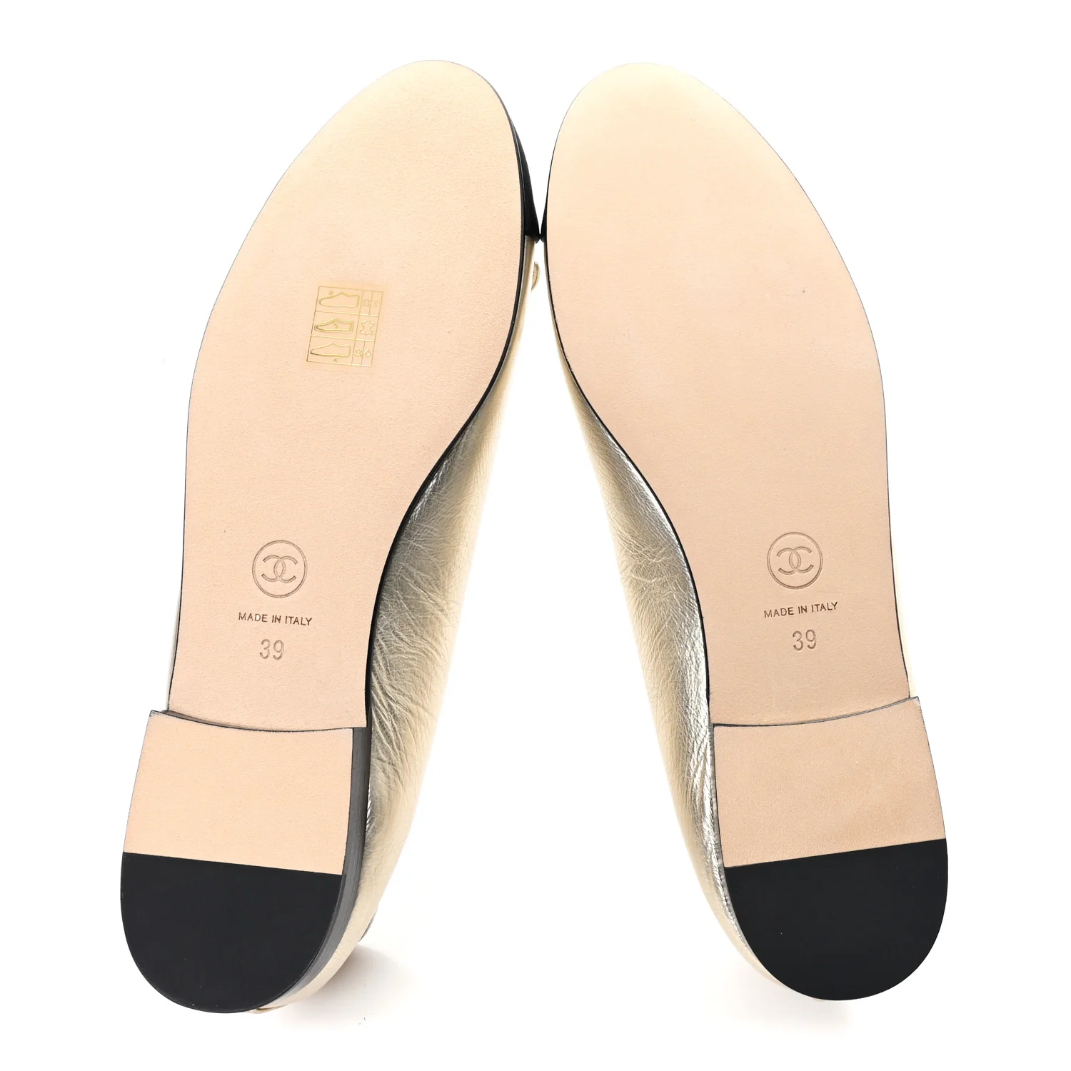 Metallic Laminated Lambskin Grosgrain CC Cap Toe Ballerina Flats 39 Light Gold Black