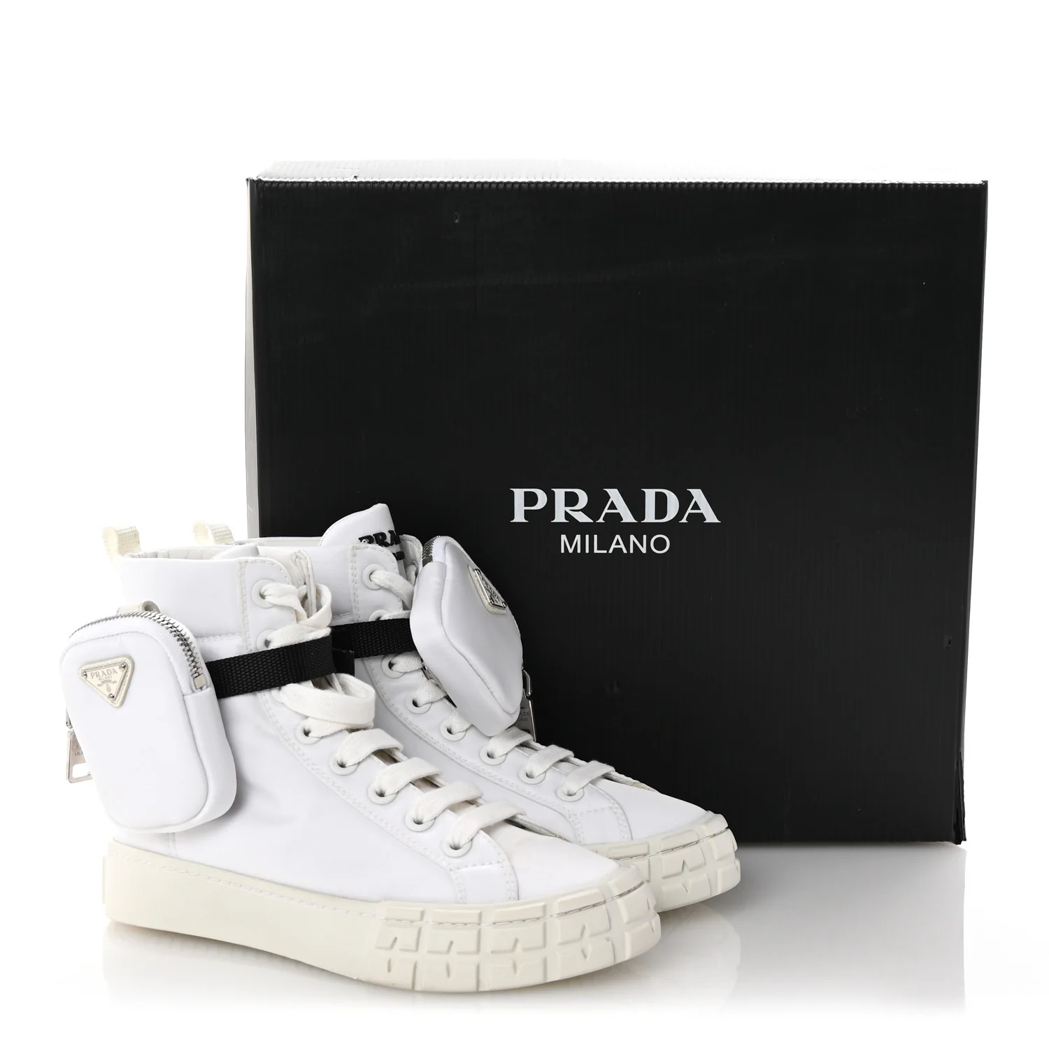 Re-Nylon Gabardine Metal Triangle Logo Wheel Pouch Pocket High Top Sneakers 36 White