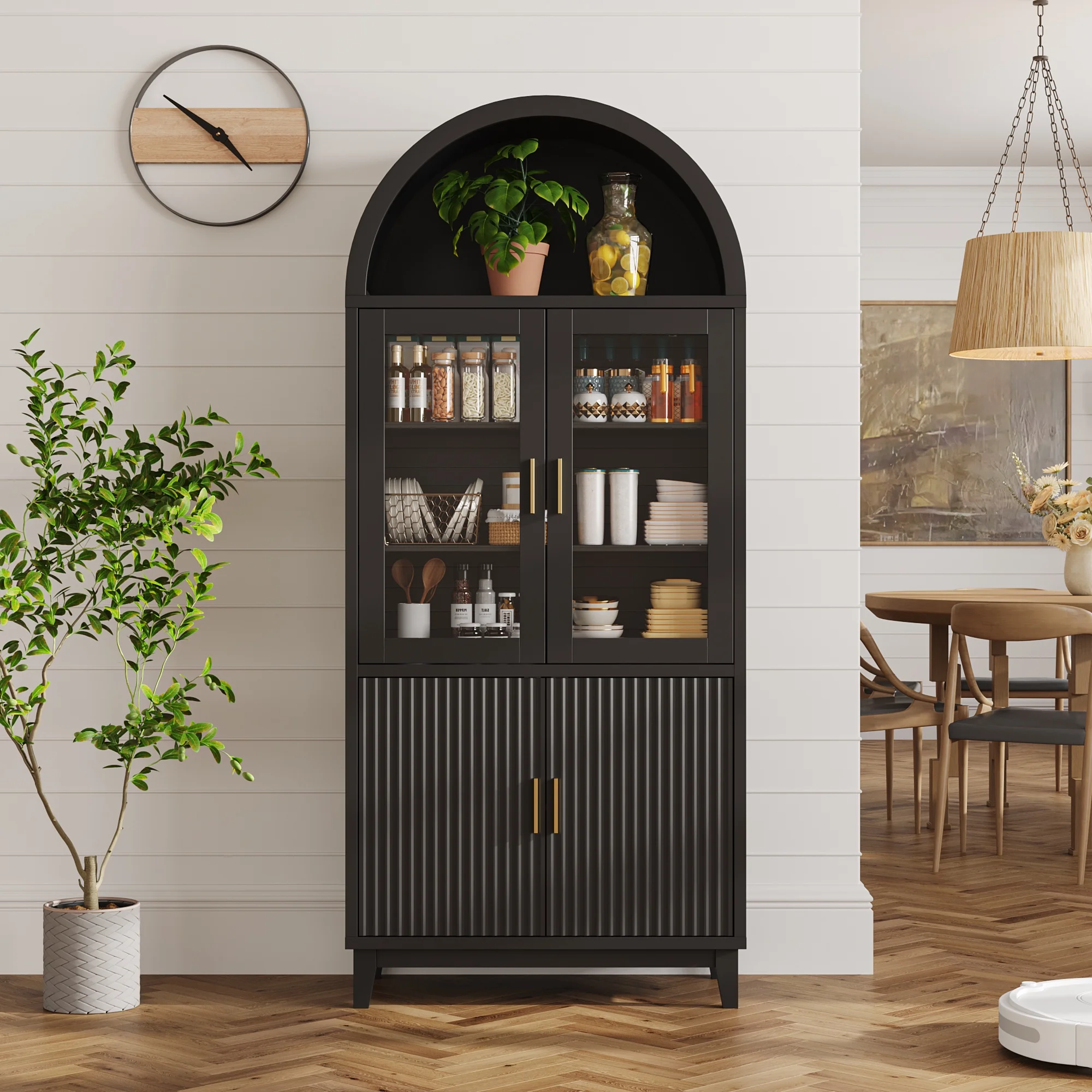 71" Tall Arch Cabinet, Wood Fluted Kitchen Kitchen Storage Cabinet with 4 Doors and 6 Shelves for Dining Room Living Room(black) - Image 2