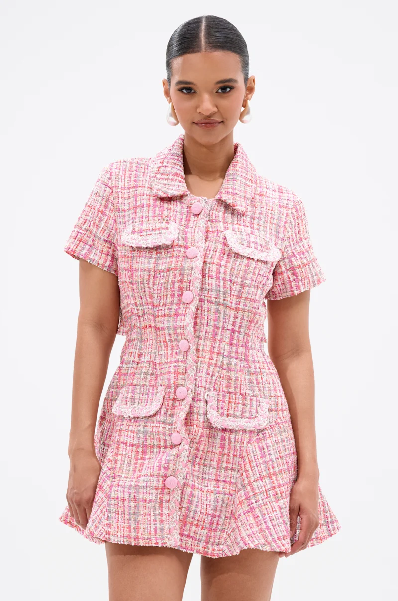 TAKE NOTES TWEED MINI DRESS IN PINK - Akira Store