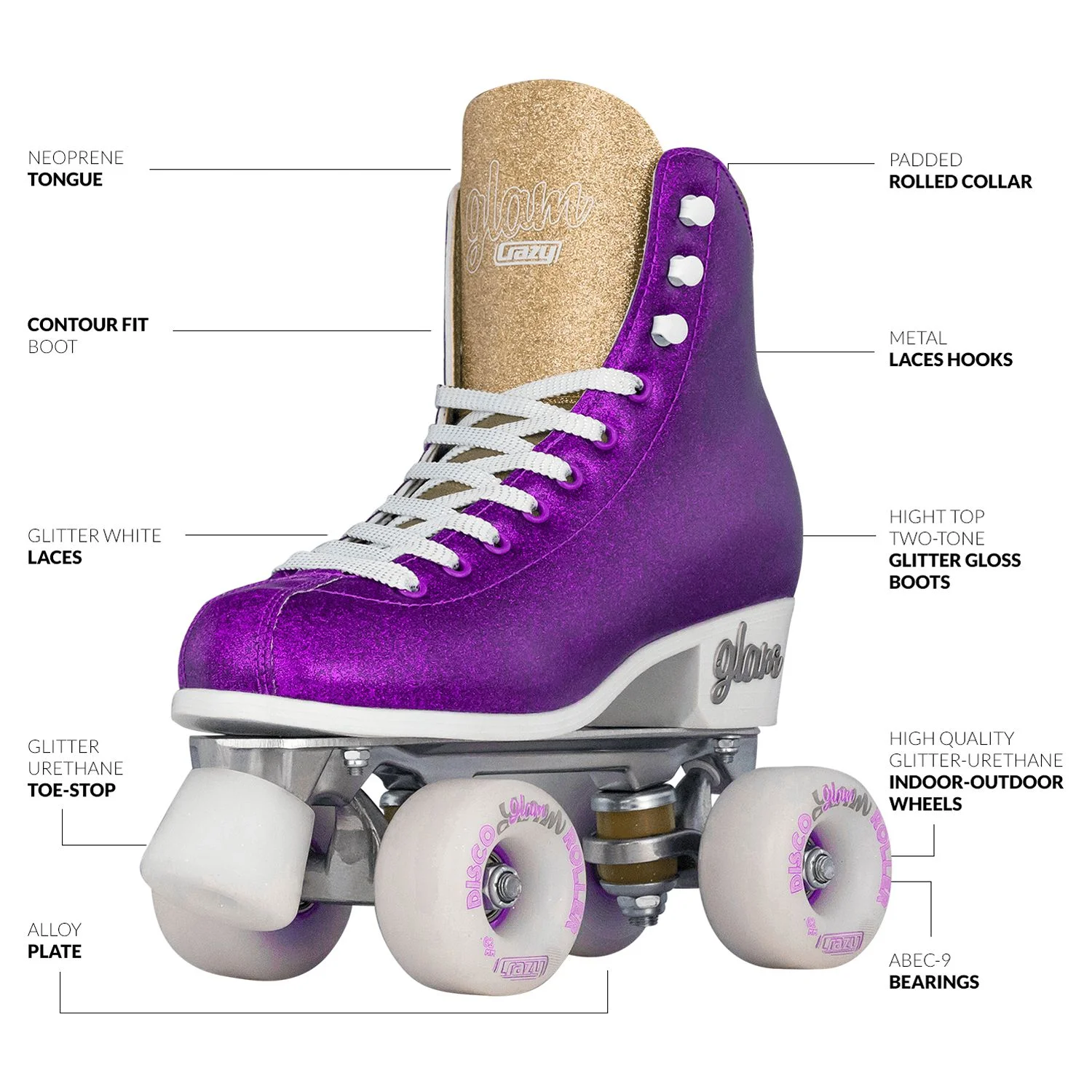 Crazy Skates Glam Roller Skates | Adjustable or Fixed Sizes | Glitter Sparkle Quad Skates for Women and Girls