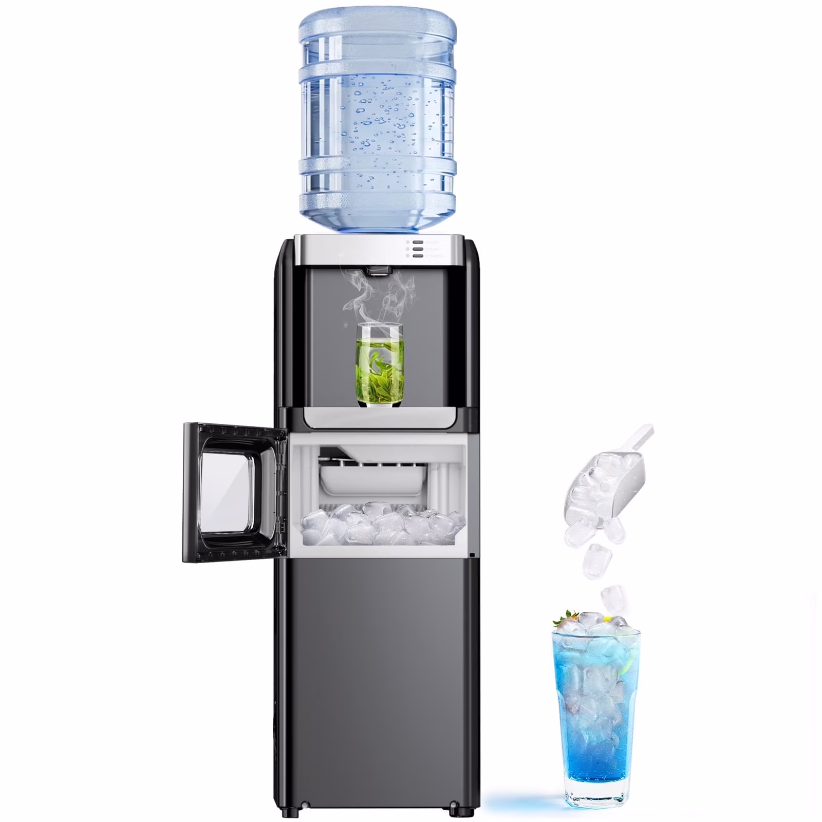 2-5 Gallon Water Dispenser 6-Min Ice Maker, 3-in-1 Hot/Cold/Ice, Child Lock Energy-efficient, for Home/Office, Black(Black)