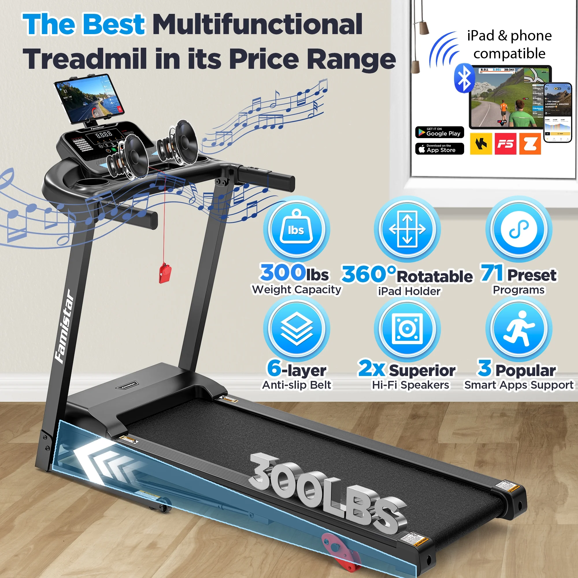 Treadmill for Home, Portable Folding Electric Exercise Treadmill with Adjustable Incline, APP Control, 64 Programs, 300 lb Capacity, 7.5MPH, Bluetooth Speakers, Running Walking Jogging, 12/23 Update