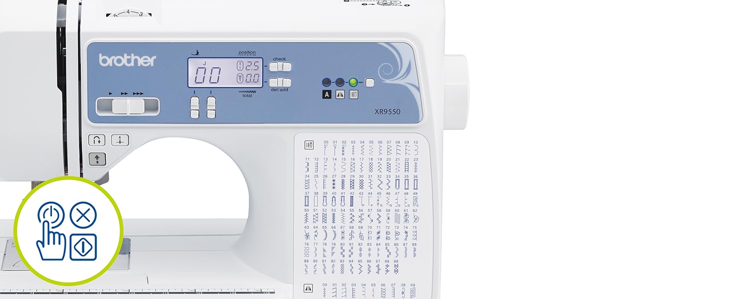 Close-up front image of XR9550 sewing machine with circular icon featuring power button