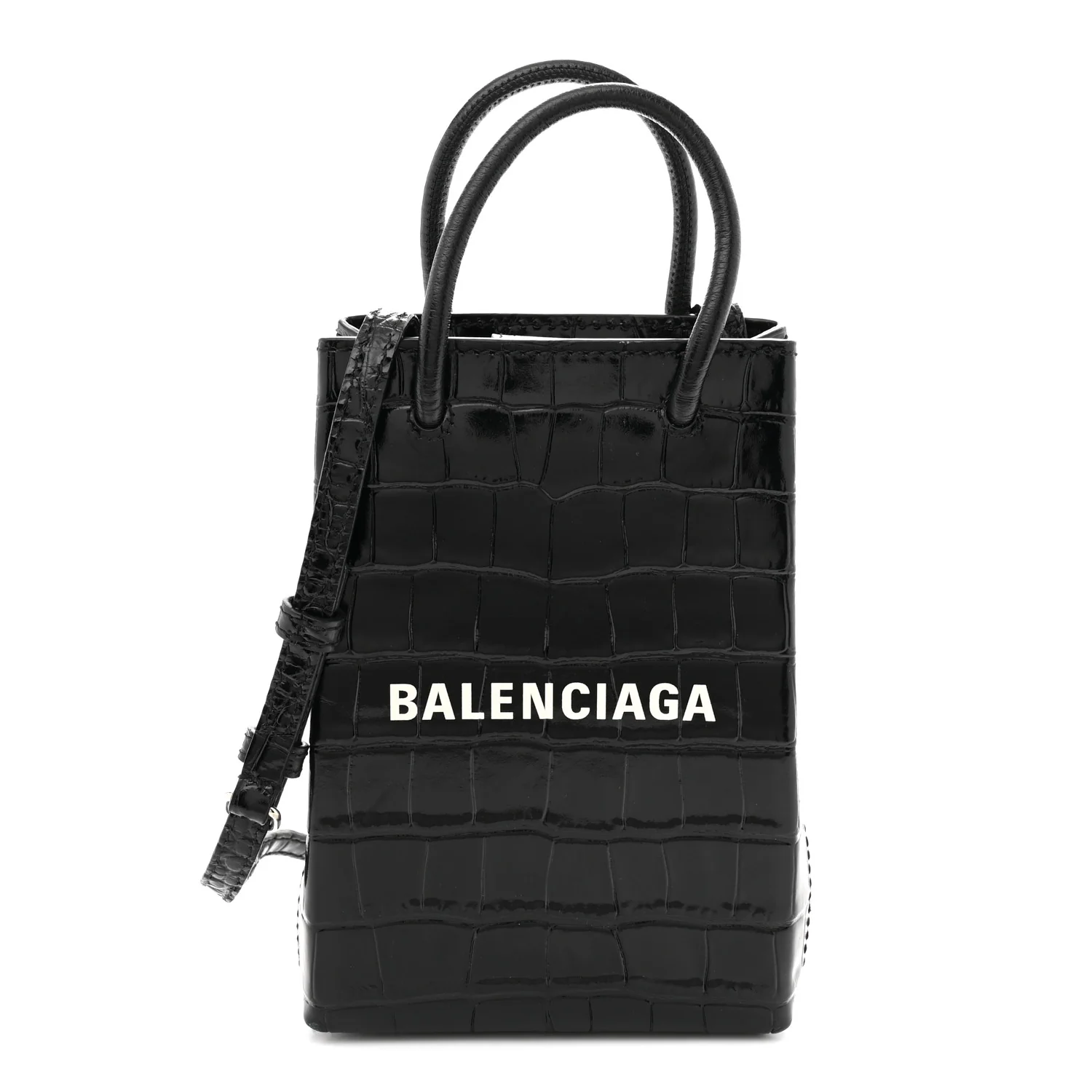 Calfskin Crocodile Embossed Logo Shopping Phone Holder Bag Black