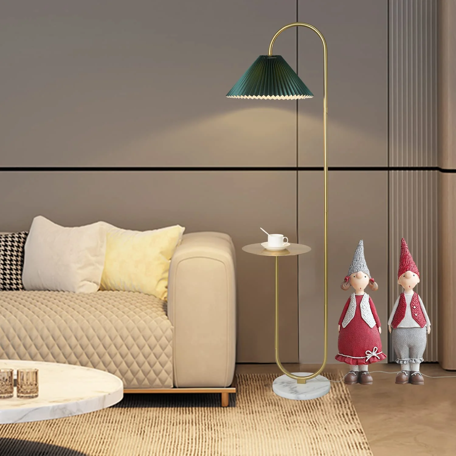 Modern Elegant with Tray Floor Lamp for Office Cafe Den Living Room Bedroom, Foot Switch and Brass/Gold Finish,Light Yellow Pleated Cloth Lampshade(Brass+Dark Green Lampshade) - Image 6