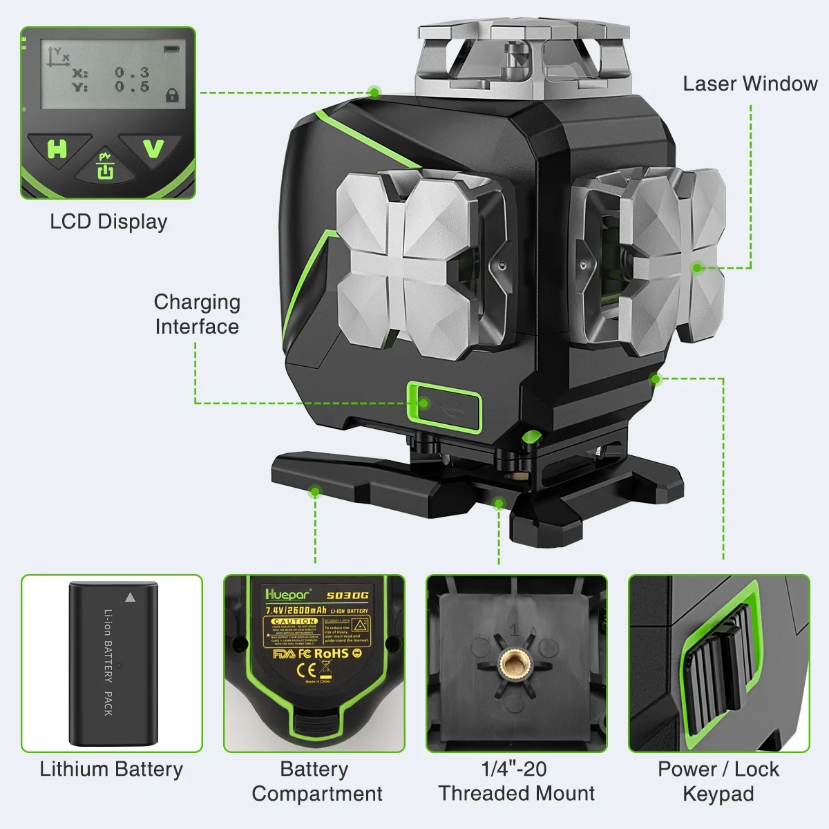 4D 16 Lines Self-Leveling Laser Level, 200Ft Green Beam 4 x 360° Cross Line Laser Level Tools with LCD Screen, Bluetooth and Magnetic Bracket