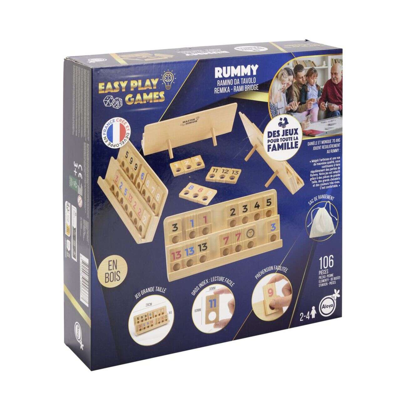 Jeu de rummy en bois 106 pièces avec sac de rangement