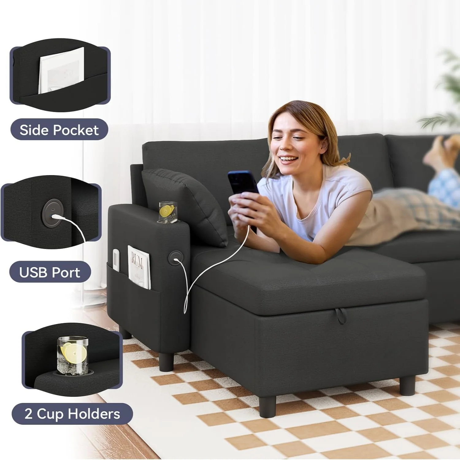 AECOJOY Sleeper Sofa Couch with Pullout Bed, Linen Fabric, Black