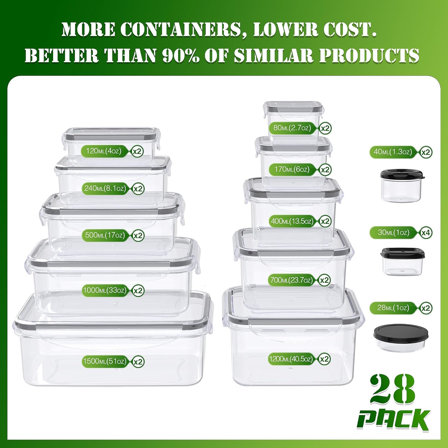 56 PCS Food Storage Containers with Airtight Lids (28 Boxes - 28 Lids)