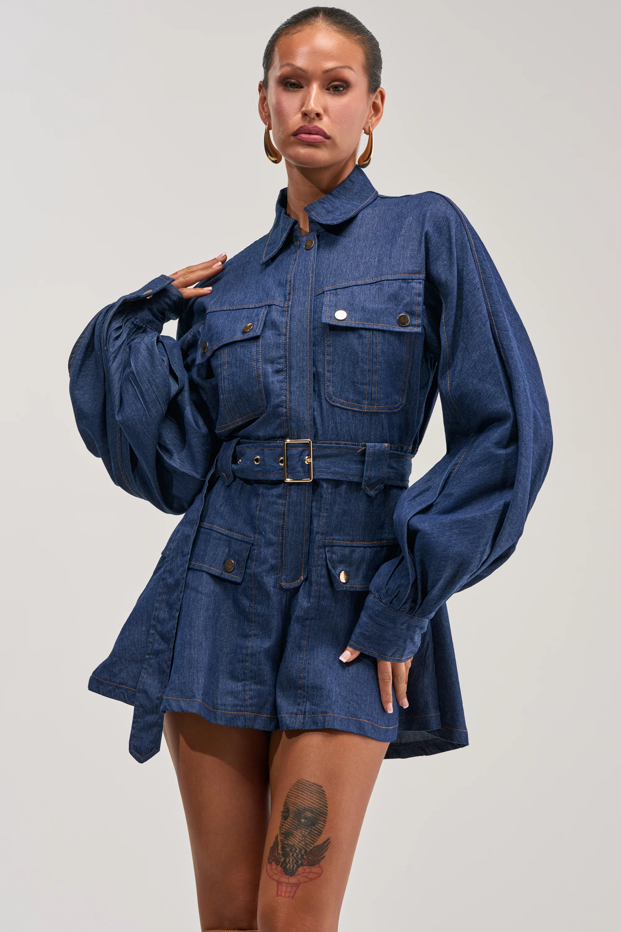 CITYSCAPE BELTED DENIM ROMPER - Akira Store