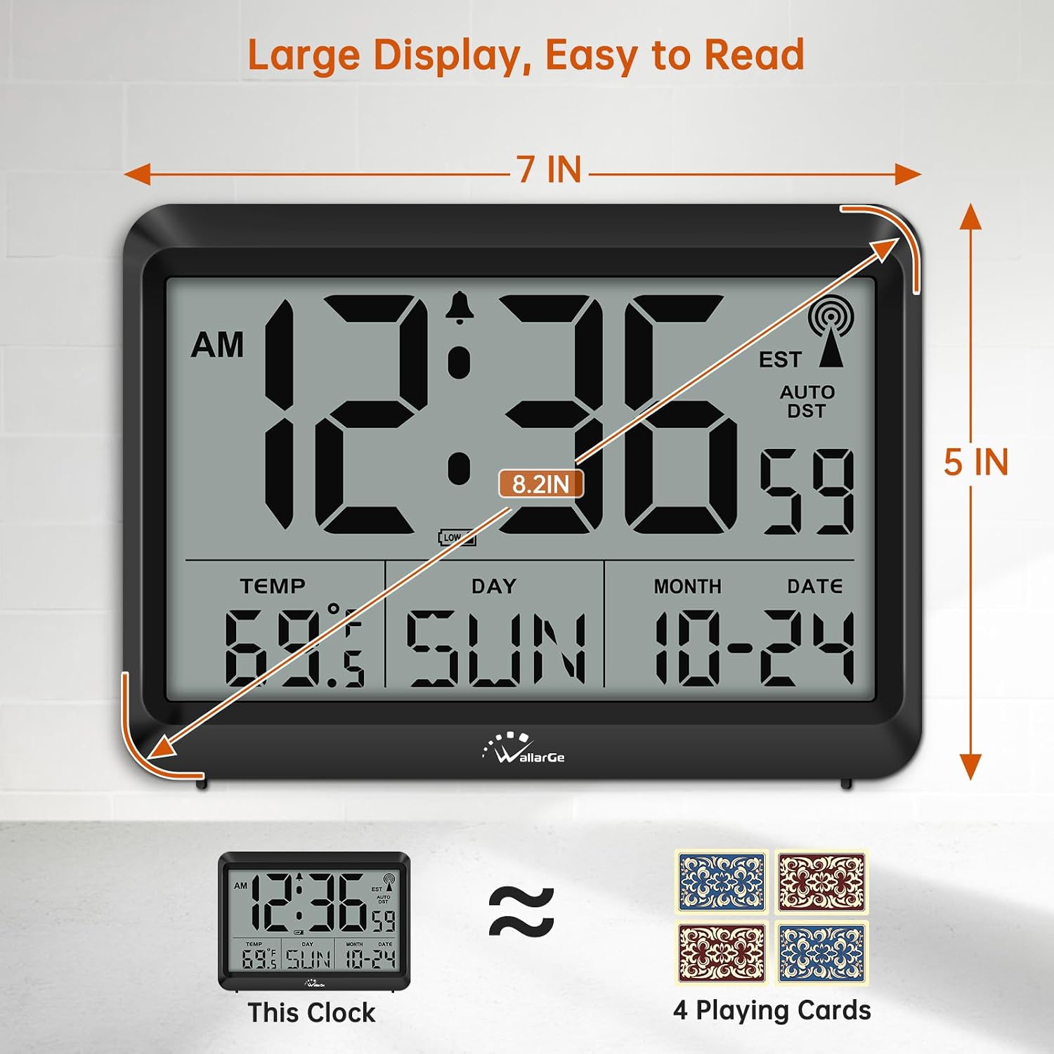 WallarGe Self-Setting Atomic Digital Wall Clock with Auto DST| Battery Operated, Large Display with Temperature, Date and Day, 4 Time Zones, Wall Mount/Desktop Clock for Classroom, Office