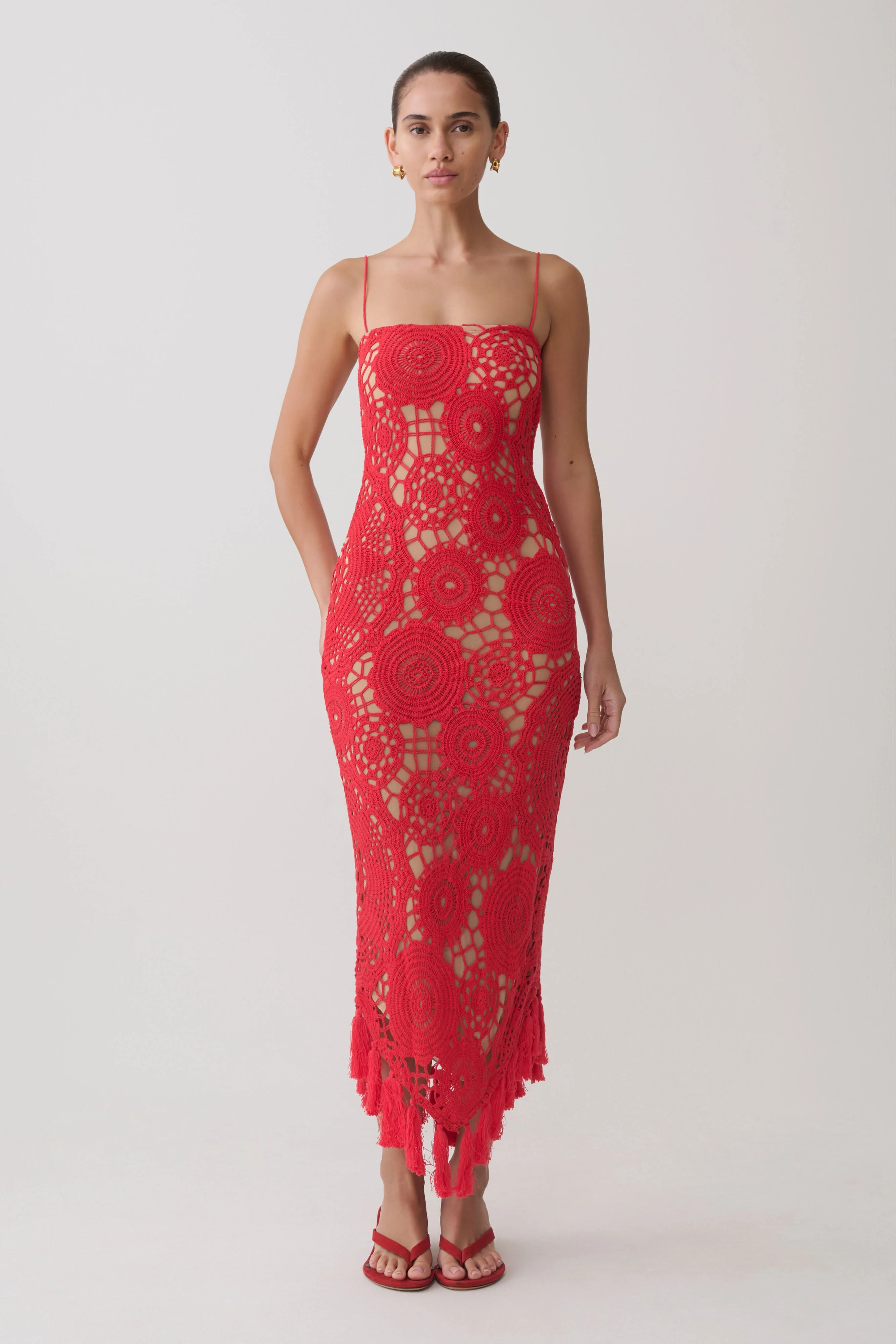 Delta Crochet Halter Midi Dress - Red