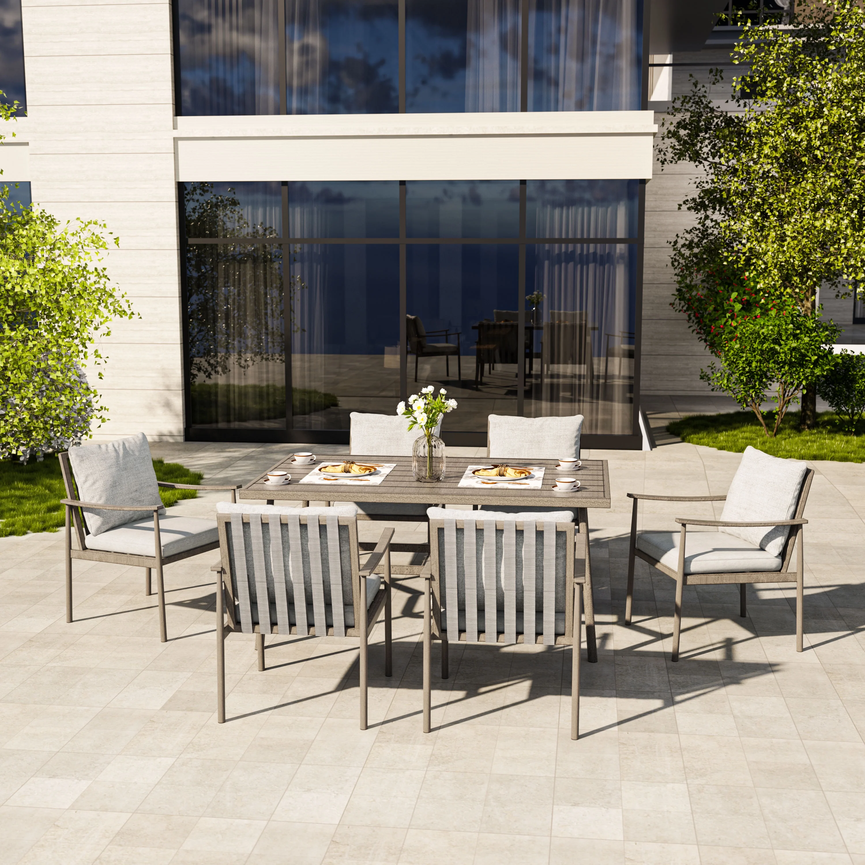 7-Piece Outdoor Dining Set for 6, Aluminum Patio Dining Set Includes 6 Dining Chairs and 1 Large Rectangular Table with Umbrella Hole, Patio Furniture Set for Lawn, Porch, Backyard, Grey(7PCS / Leg Chair/Gray) - Image 5