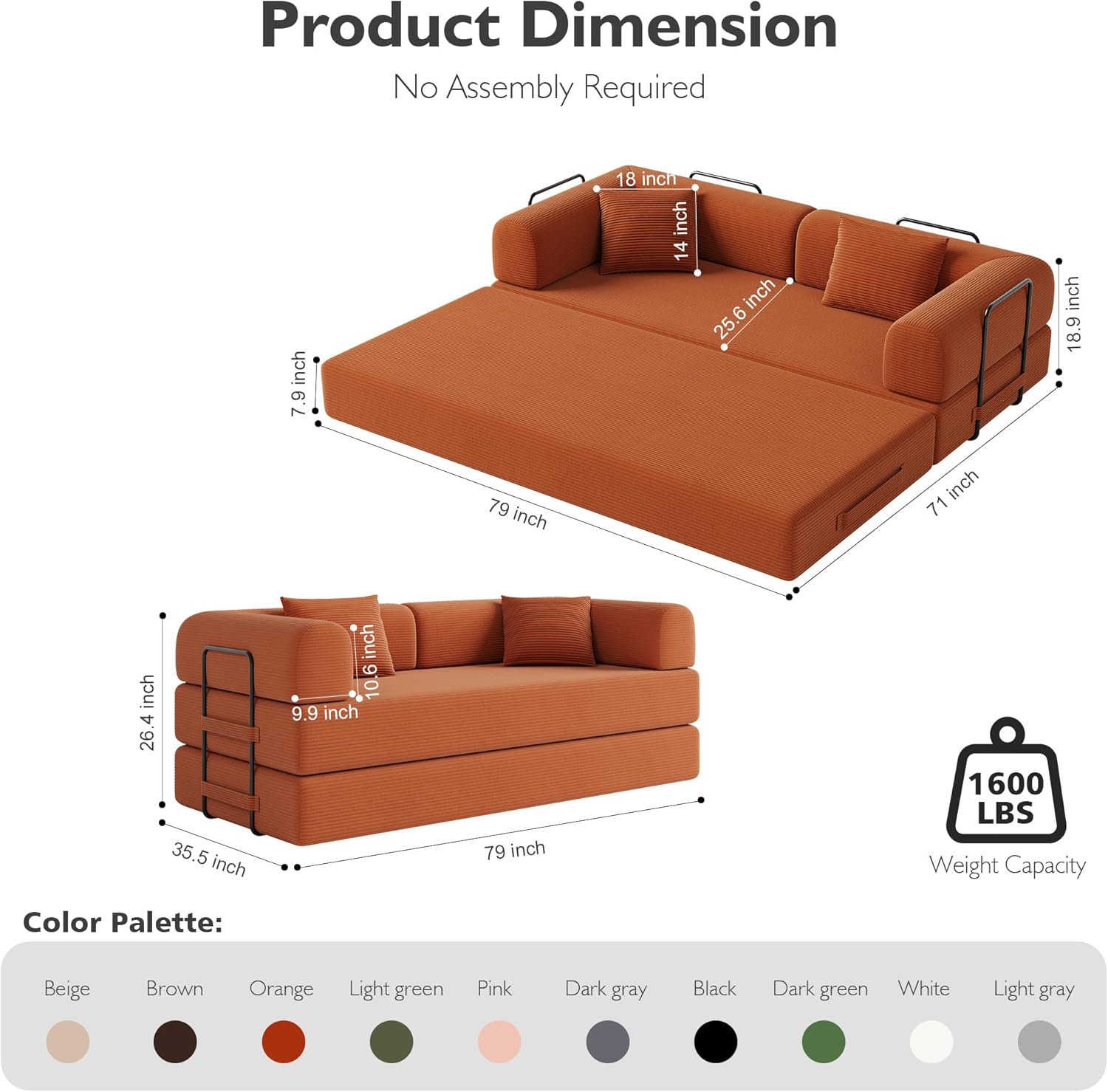 79in Convertible Sofa Bed, Corduroy Boneless Couch Bed, Futon Sleeper Sofa Pull Out Bed, Foldable Couch for Living Room Apartment, No Assembly Required