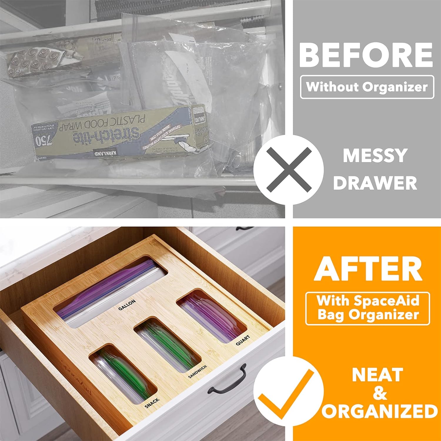 SpaceAid Bag Storage Organizer for Kitchen Drawer, Bamboo Organizer, Compatible with Gallon, Quart, Sandwich and Snack Size Bags (1 Box 4 Slots)