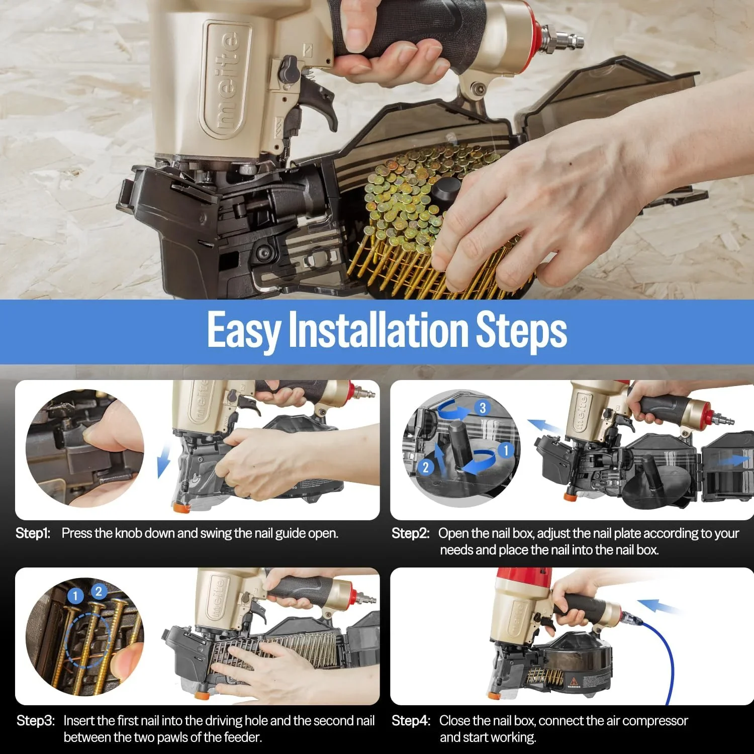 MEITE CN65S Pneumatic Coil Siding Nailer with Safety Nose, 15-16 Degrees 1-1/2 to 2-1/2Coil Nail Gun Lightweight