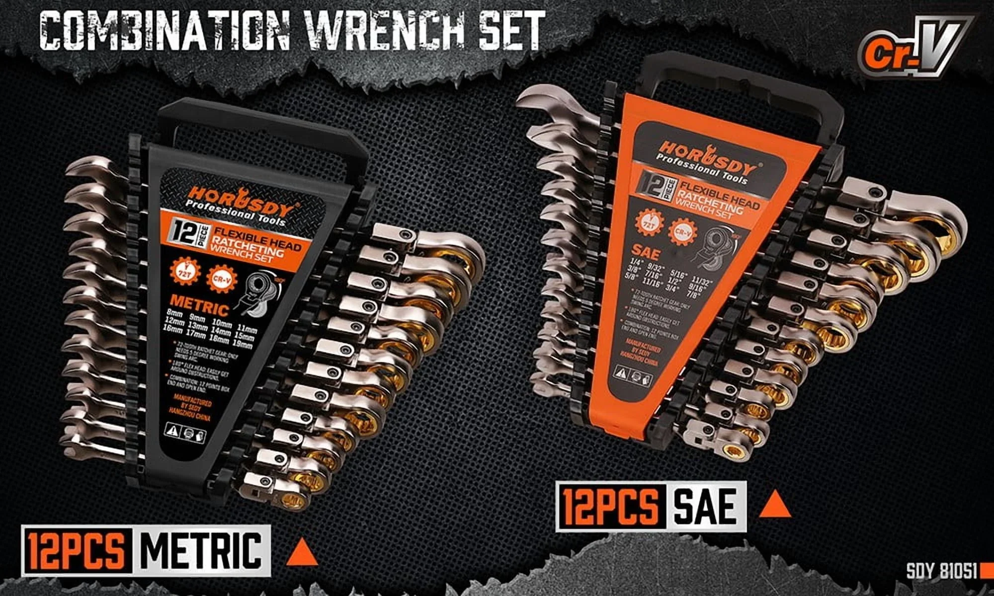 24PC Flex-Head Ratcheting Wrench Set Metric & SAE w/ Organizer 8-19mm 1/4-7/8