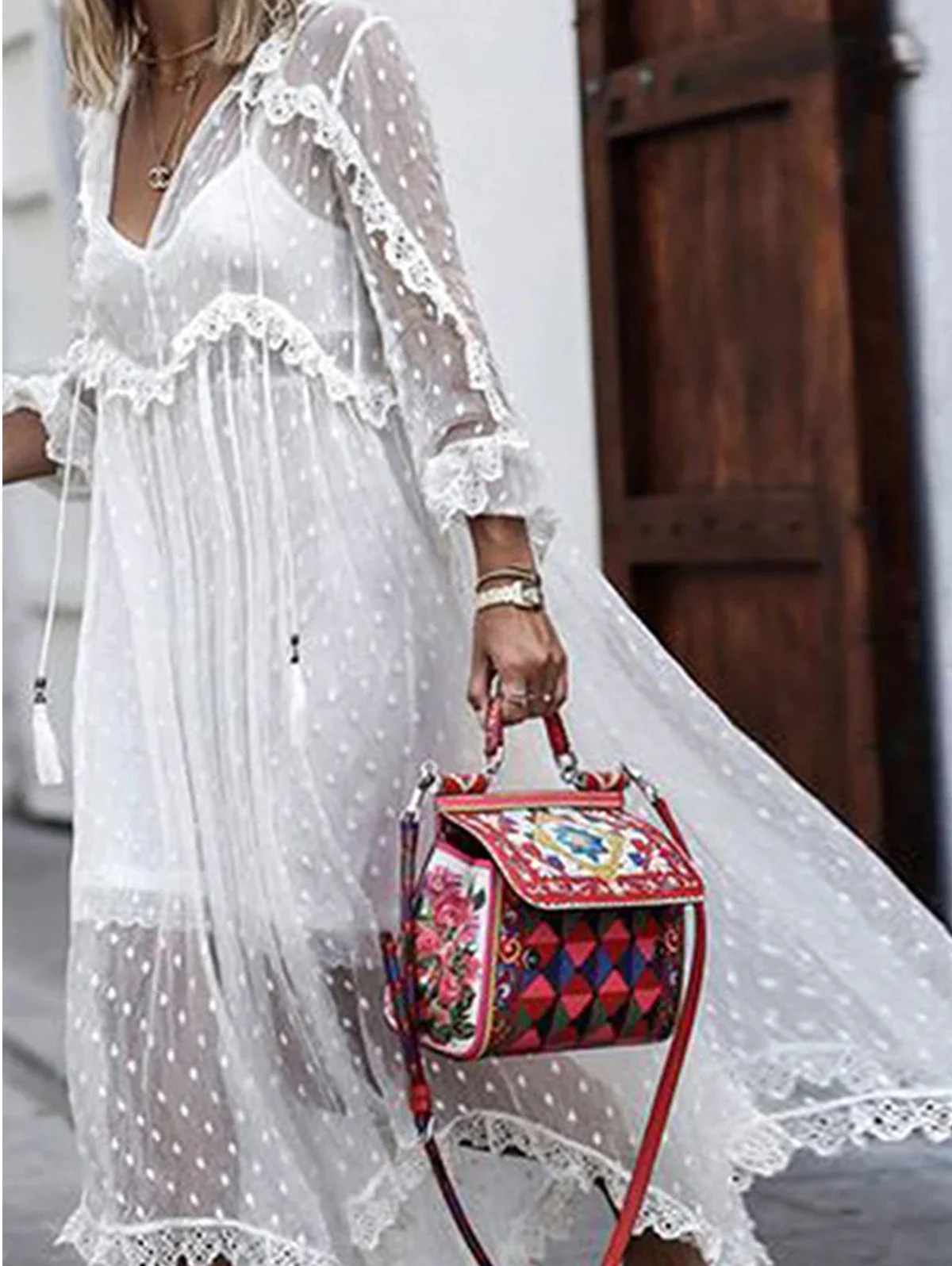 Sophie Paris | Robe longue en jacquard à pois transparents manches longues