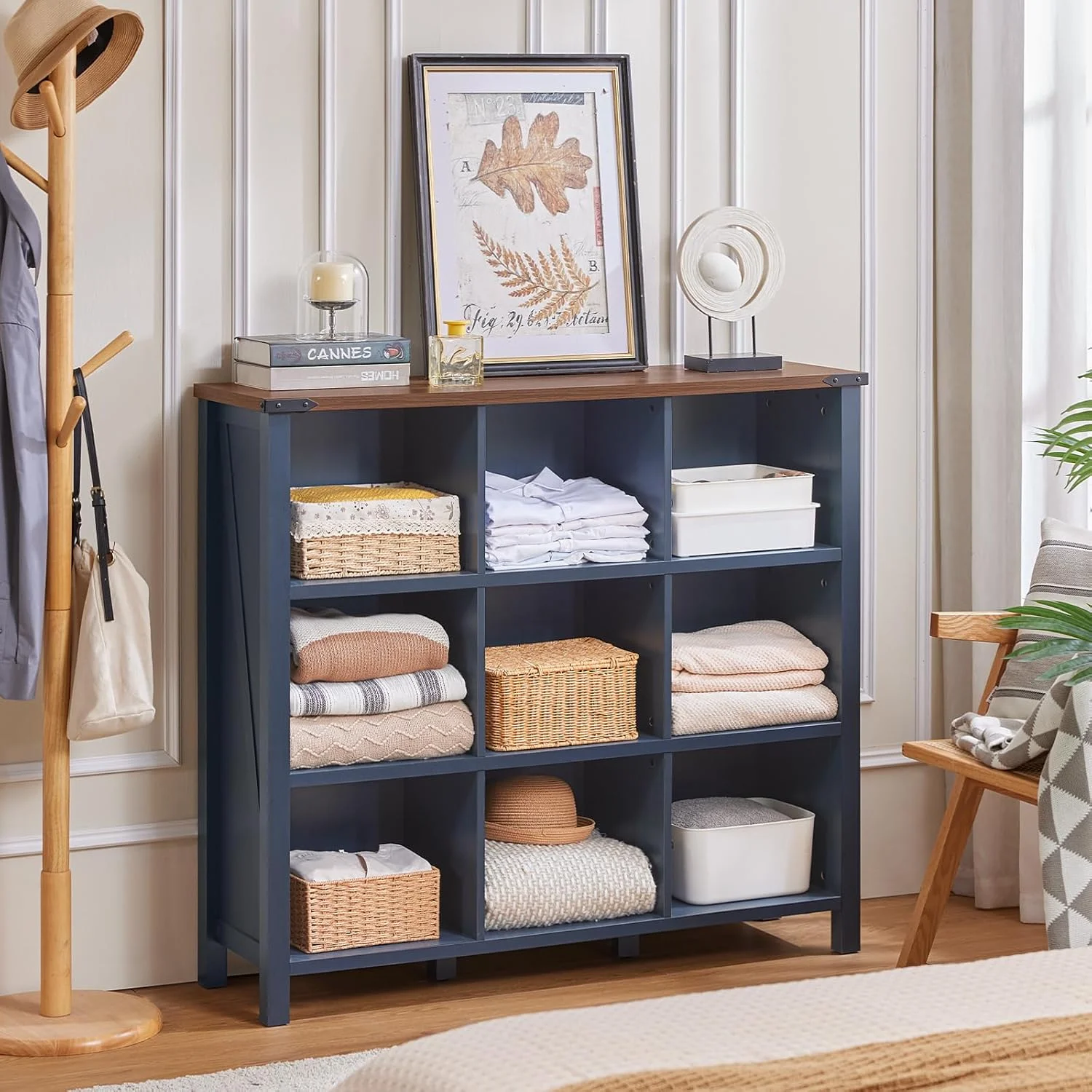 9 Cube Bookcase, Farmhouse 47 Inch Wide Navy Blue Bookshelf, Wooden 3 Tier Display Large Open Book Shelf, Vintage Horizontal Book Case for Home Office, Cubby Storage Cabinet for Living Room(9 Cube (13.6 "D x 47.24 "W x 42.2"H)/Navy Blue) - Image 9
