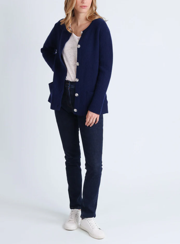 Cardigan femme en laine mérinos bleu