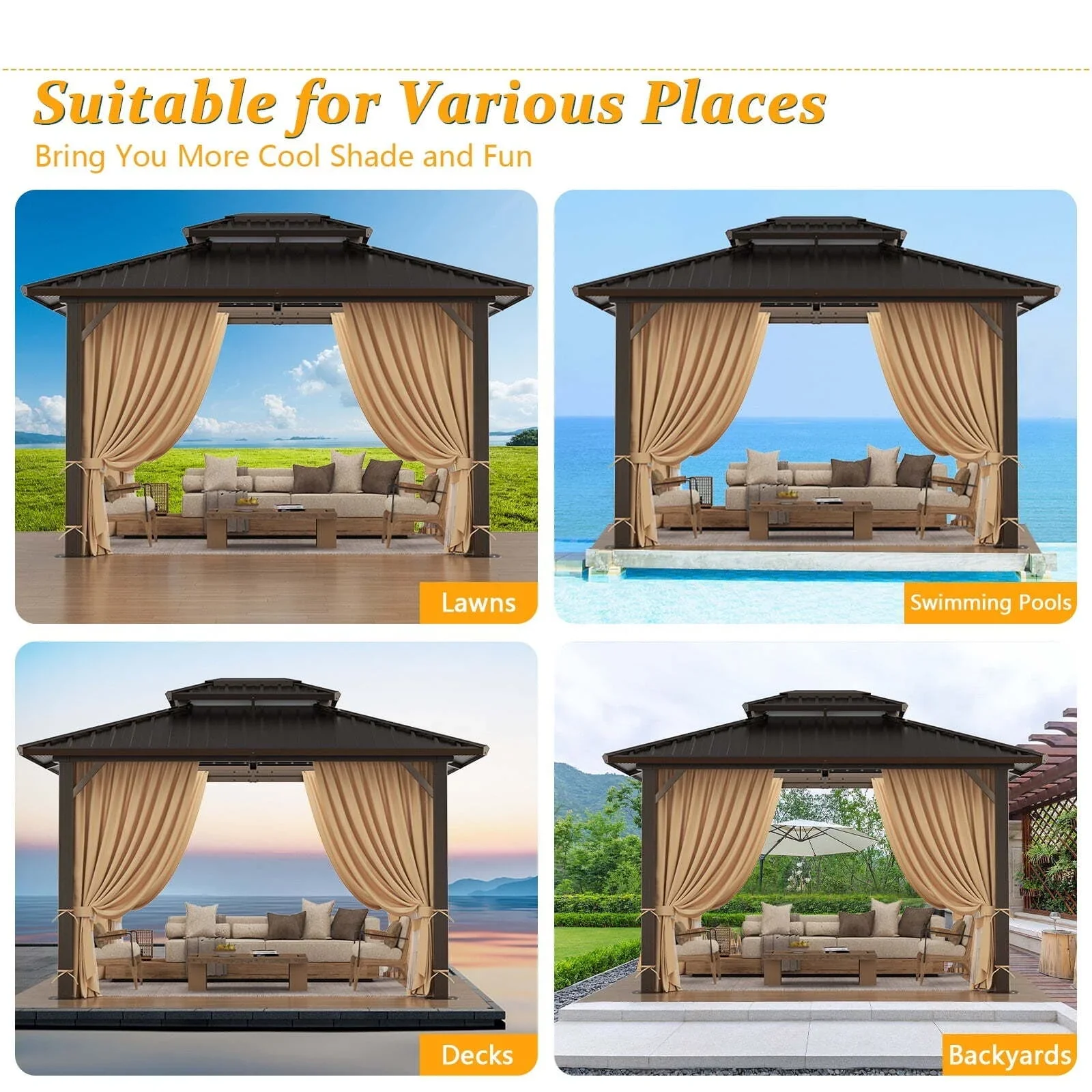 COBIZI 10x12 Hardtop Gazebo Aluminum Gazebos with Galvanized Steel Double Roof Metal Gazebo with Curtains and Netting Permanent Steel Gazebo for Backyard, Garden and Patio, Brown