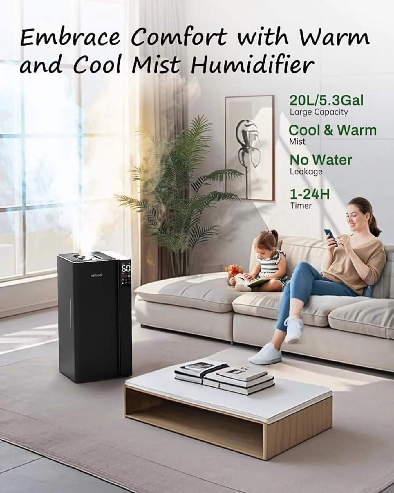 Warm and Cool Mist Humidifier Large Room, 5.3Gal/20L Whole House Humidifiers for Home, Top Fill, Black(Black/19.97 in/5.3 gal) - Image 9