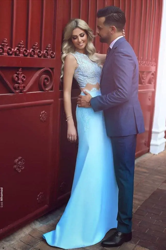Light Blue Satin Prom Dress,Sexy Lace See-through Mermaid Long Prom Dresses DM188