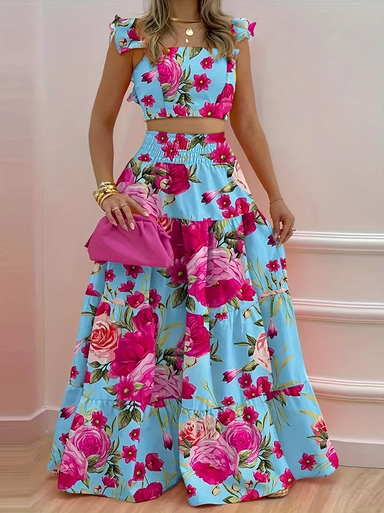 Ensemble bustier volanté floral et jupe longue évasée