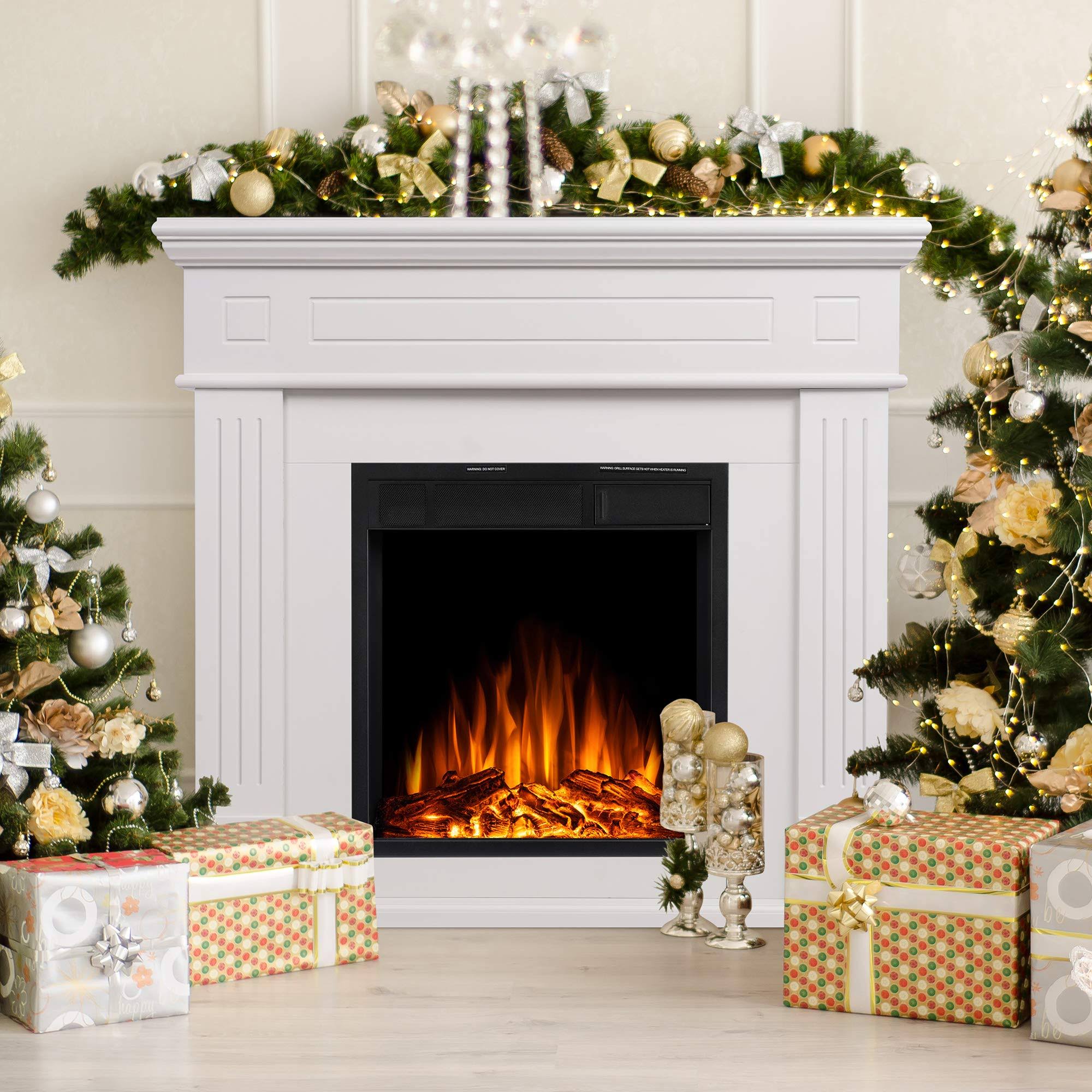 JAMFLY Electric Fireplace Mantel Package Wooden Surround Firebox TV Stand Free Standing Electric Fireplace Heater with Logs Adjustable LED Flame Remot