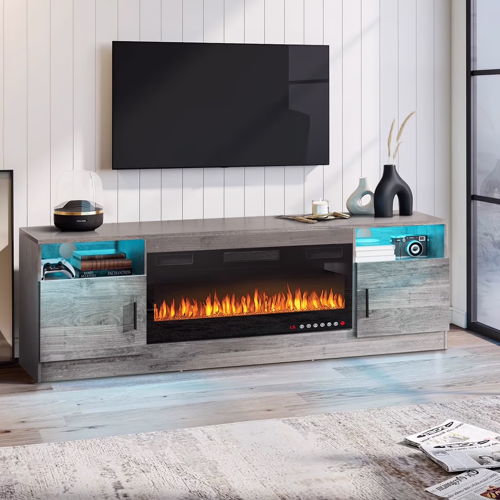 Fireplace tv Stand with 36 inch Fireplace Up to 80" TVs,LED Light Entertainment Center and Storage(70" Wood Composite/White) - Image 5