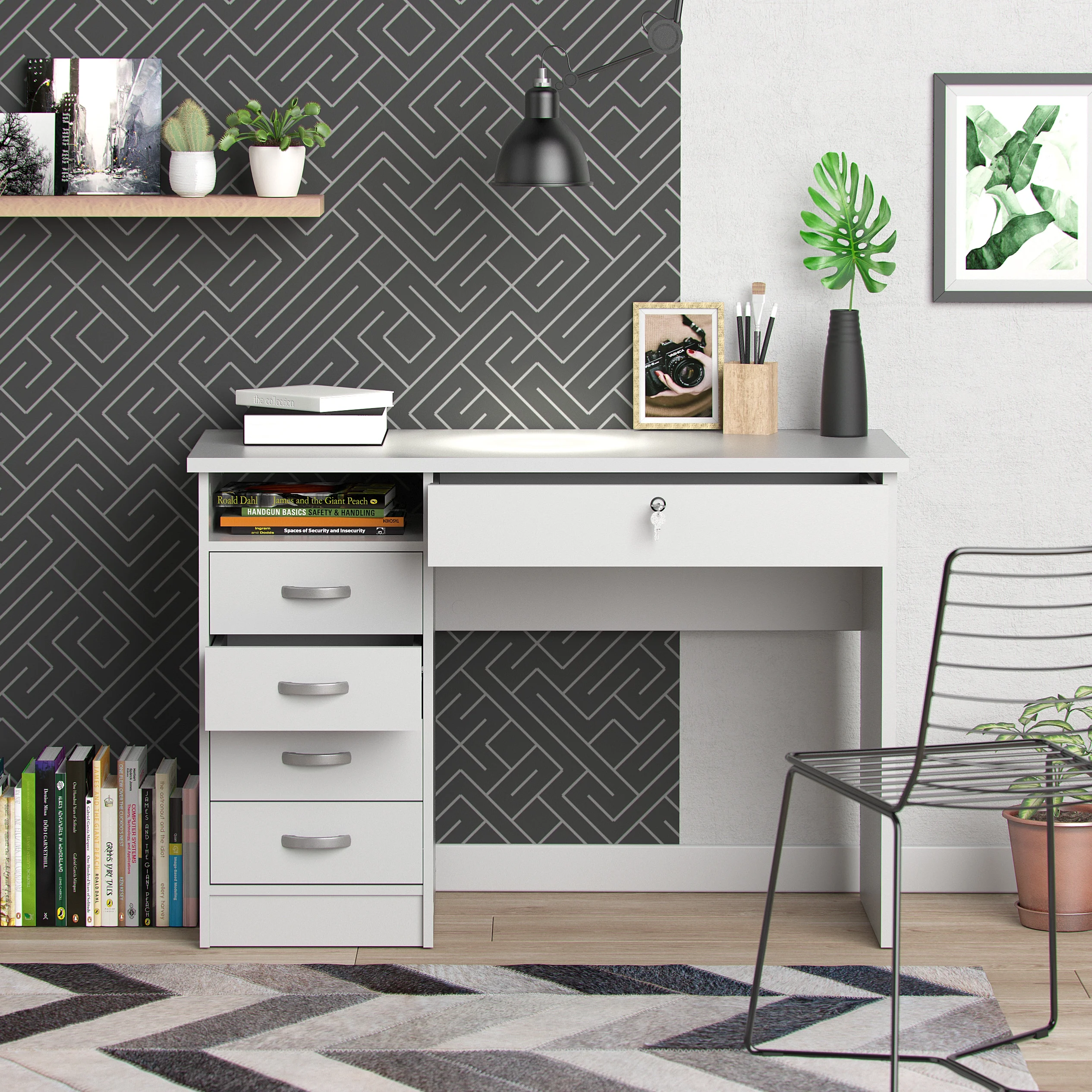 Walden 5 Drawer Office Desk with 1 Locking Drawer for Adults, White(White) - Image 5