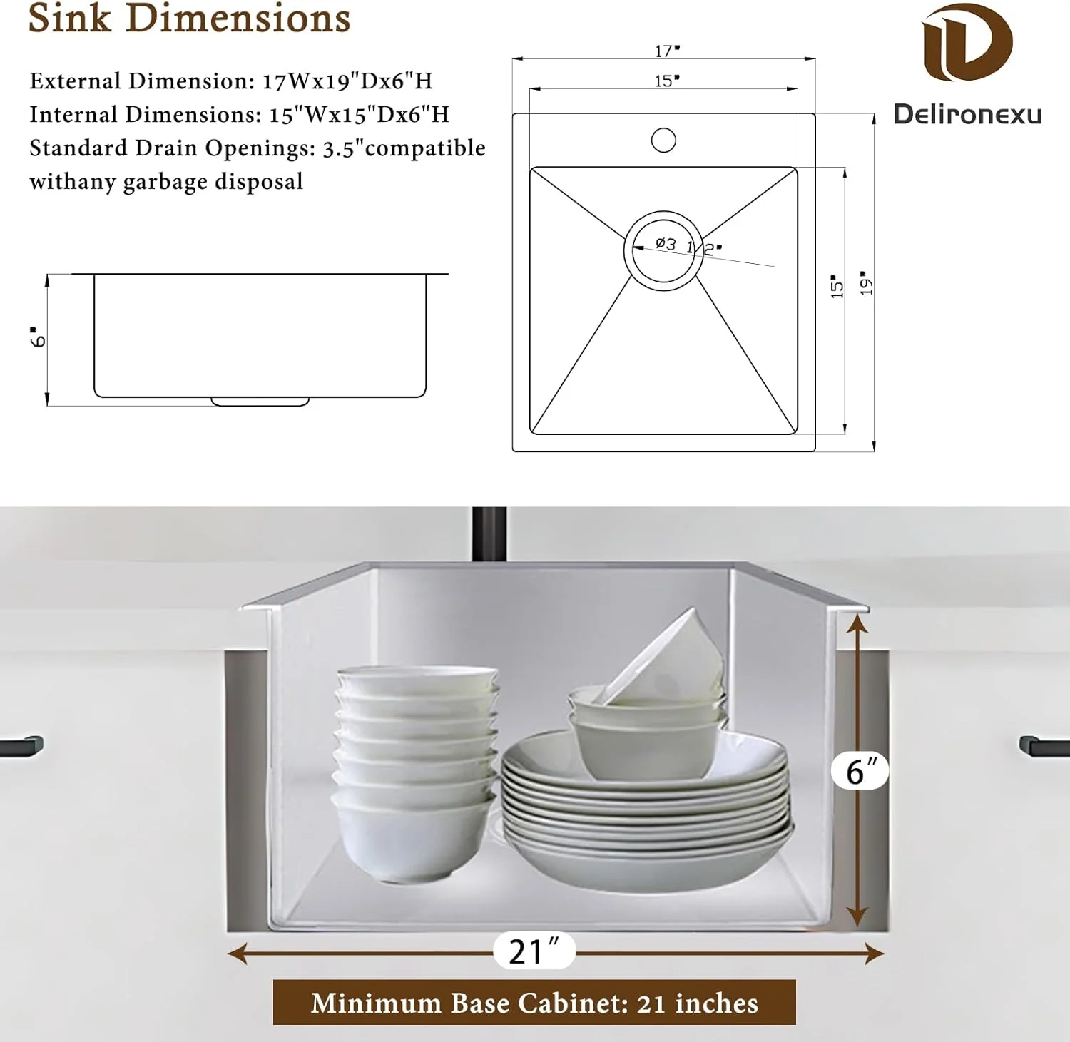 17 Inch Bar Sink Drop In �C Small Kitchen Sink, Modern 18 Gauge Stainless Steel sink with Brushed Finish, 17"x19"x6" Single Bowl kitchen Sinks for RV, Prep, and Outdoor Use - Image 3