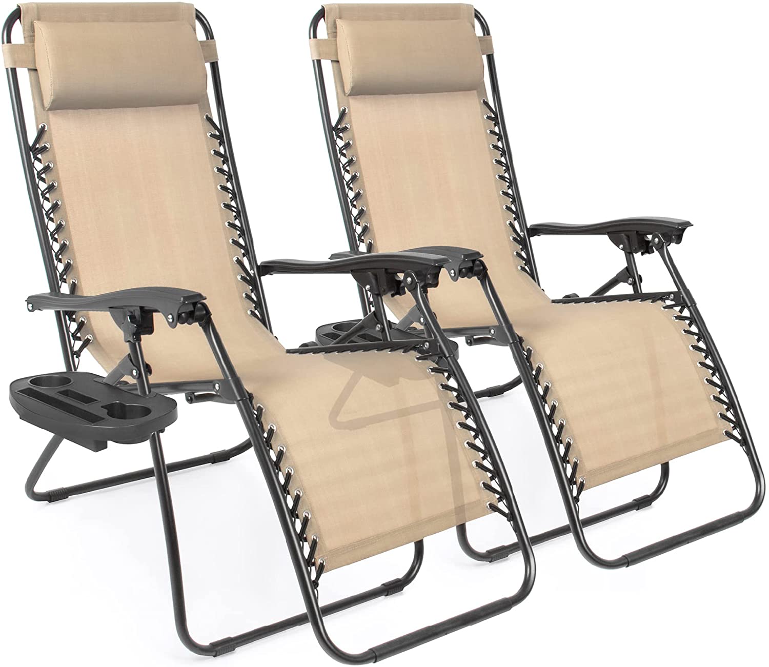 Ensemble de 2 fauteuils inclinables zéro gravité réglables en maille d'acier avec coussins et porte-gobelets