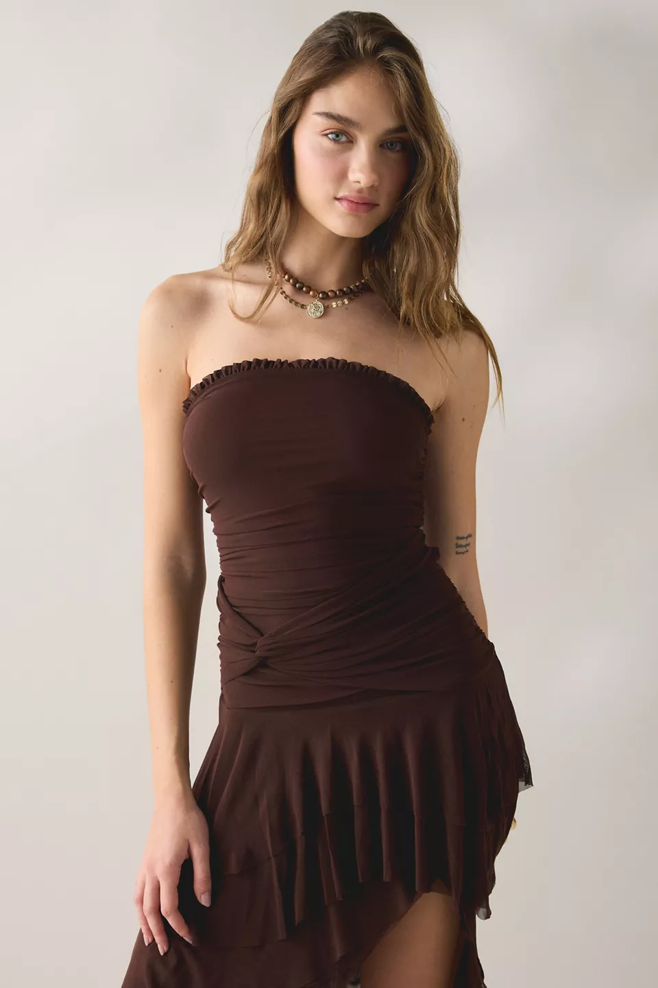 UO Sofie Asymmetric Ruffle Mesh Strapless Midi Dress