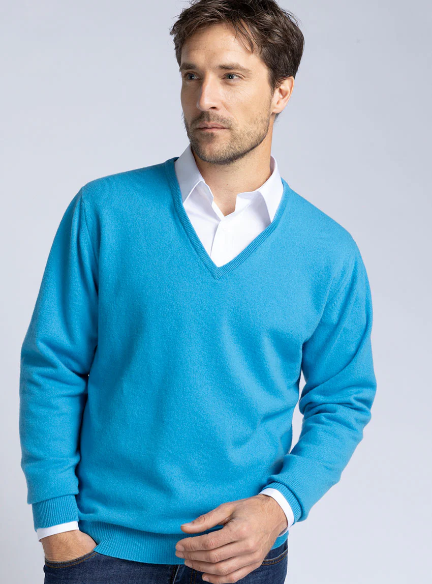 Pull homme col V en cachemire et laine bleu