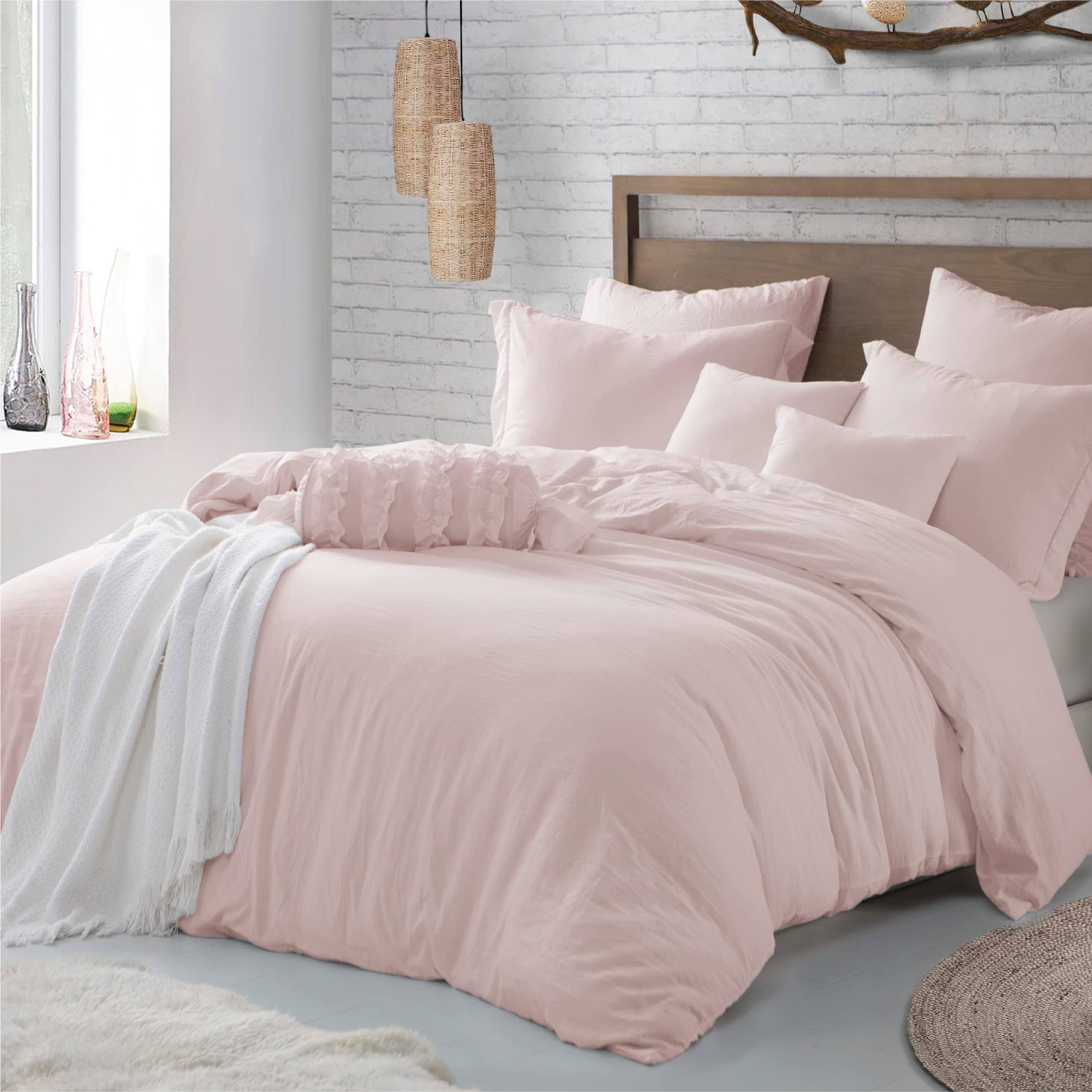 Swift Home Crinkle Pre-Washed Microfiber Full/Queen Duvet Cover Set in Rose Blush