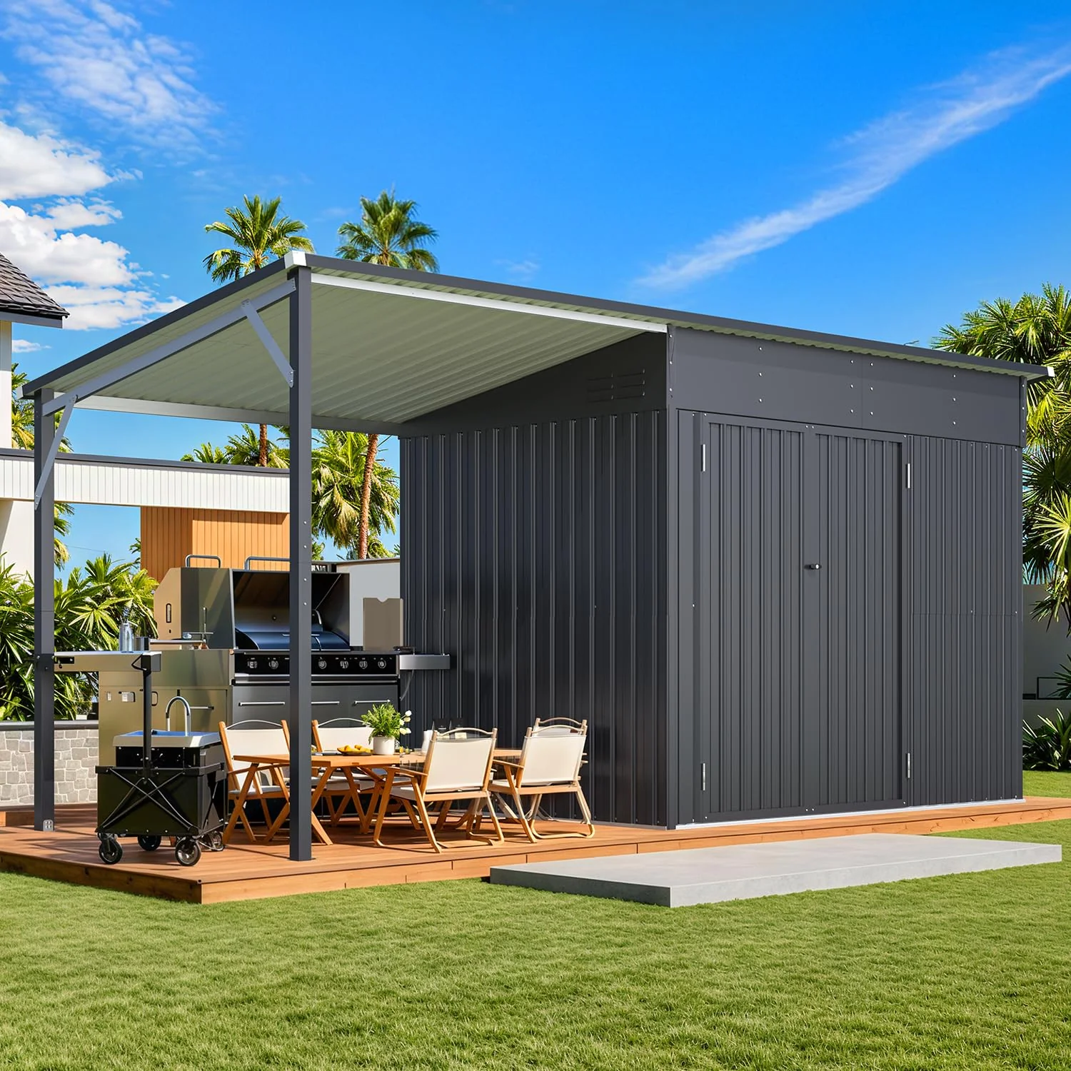 AECOJOY 6'x14' Outdoor Open-Sided Storage Shed with Attached Hardtop Metal Pergola
