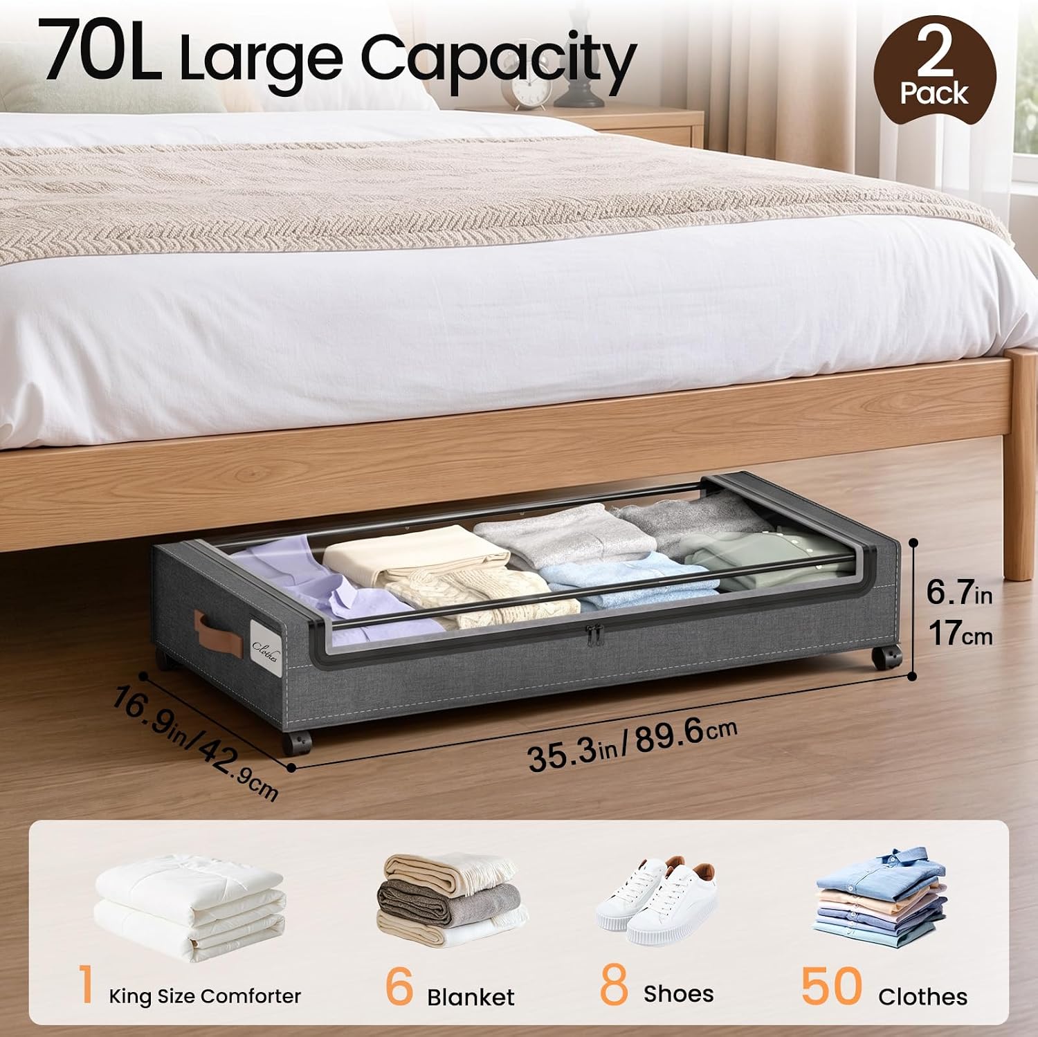 Yecaye 70L Under Bed Storage with Wheels, 2-Pack Large Capacity Under Bed Storage Containers, Underbed Shoe Storage Organizer, Rolling Under Bed Metal Drawers for Clothes, Blankets (35.5 x 17 x 6.7in)