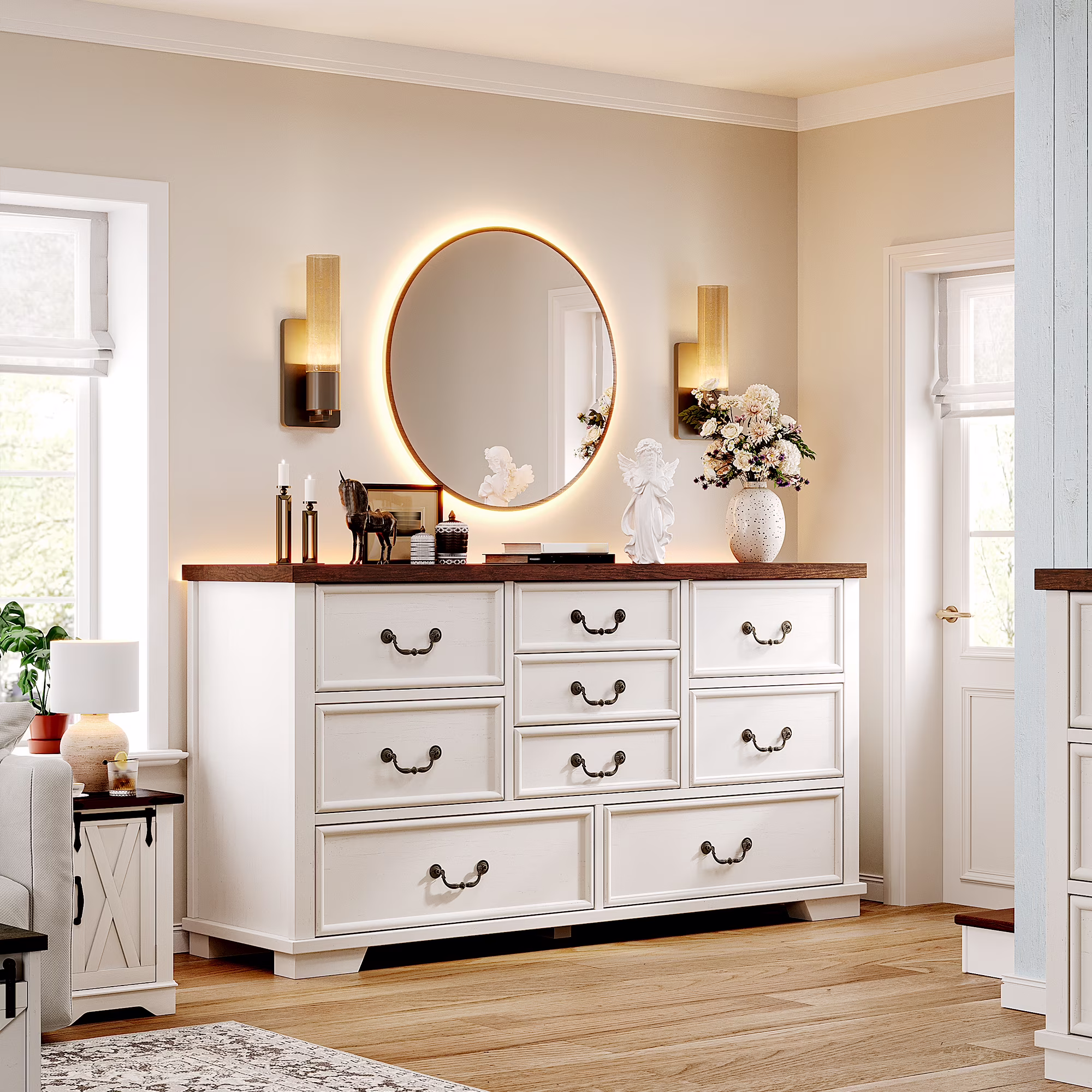 Wood Dressers for Bedroom with 9 Drawers White Dresser Chest of Drawers for Living Room(White/9 Drawers)