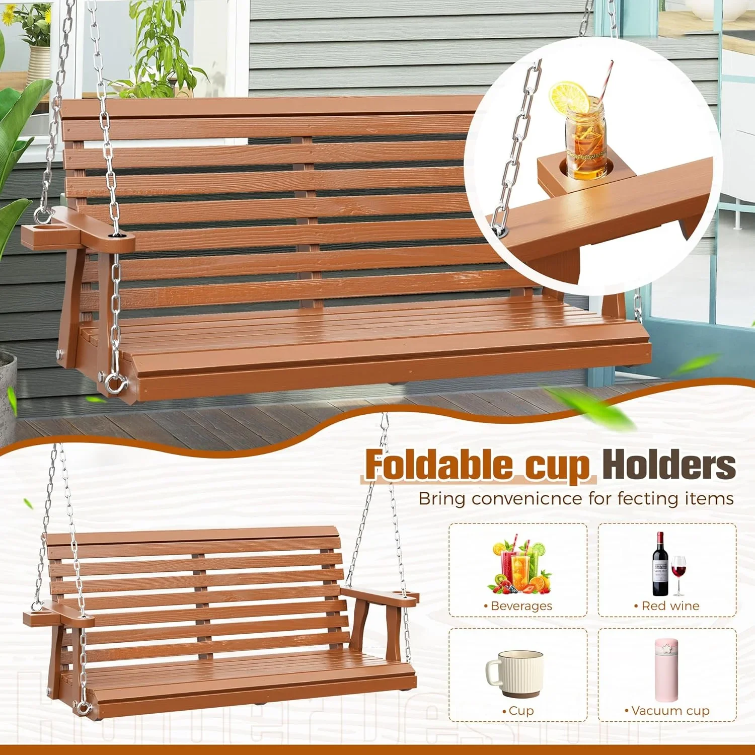SUNCROWN Porch Swing 2-Seater, Wooden Outdoor Swing Bench with Cup Holder and Chains, 440 LBS Weight Capacity Outdoor Hanging Bench Swing for Patio & Garden (Brown)